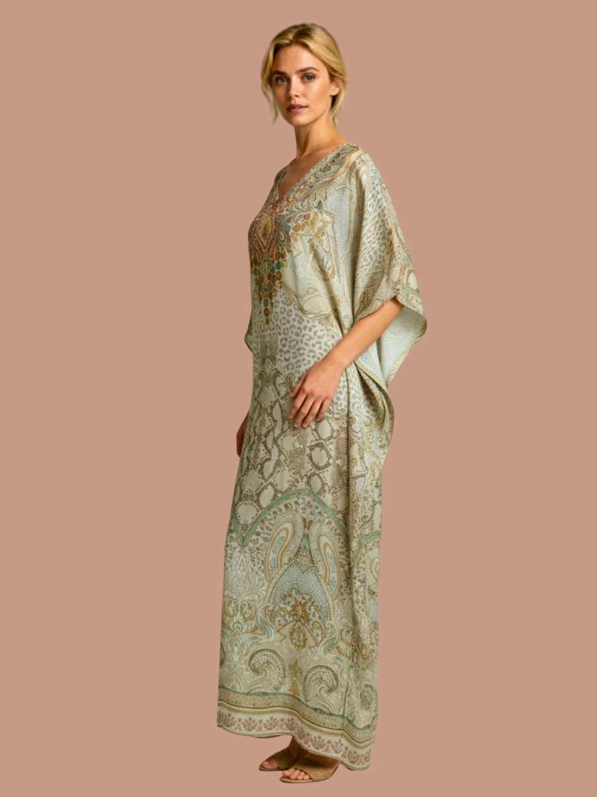 Odette Multicolor Satin Printed Kaftan For Women - Image 2