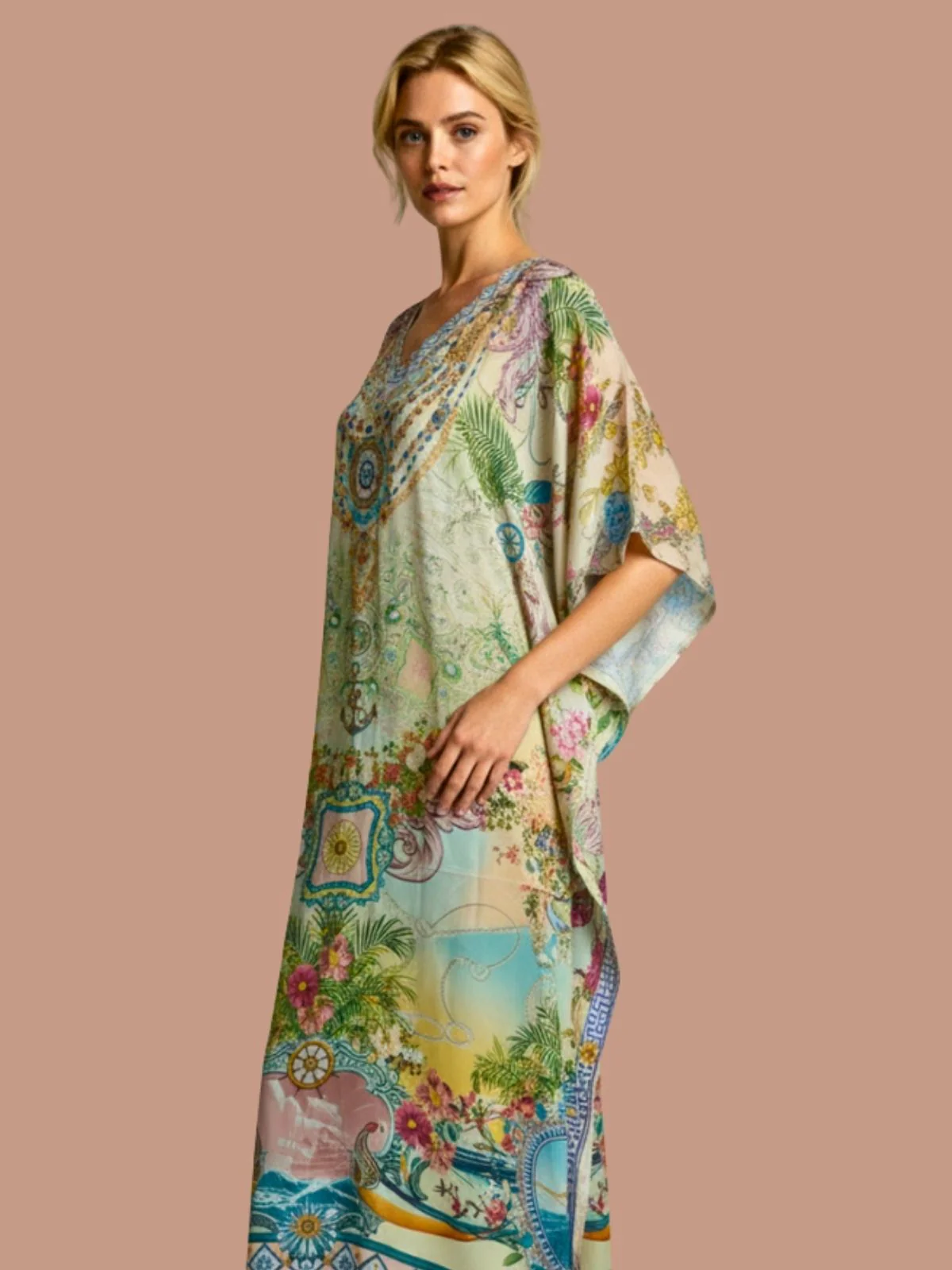Odette Multicolor Satin Printed Kaftan For Women - Image 4
