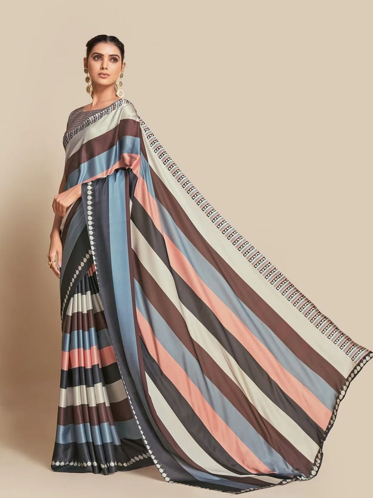 Odette Multicolor Satin Printed Saree With Unstitched Blouse For Women - Image 2