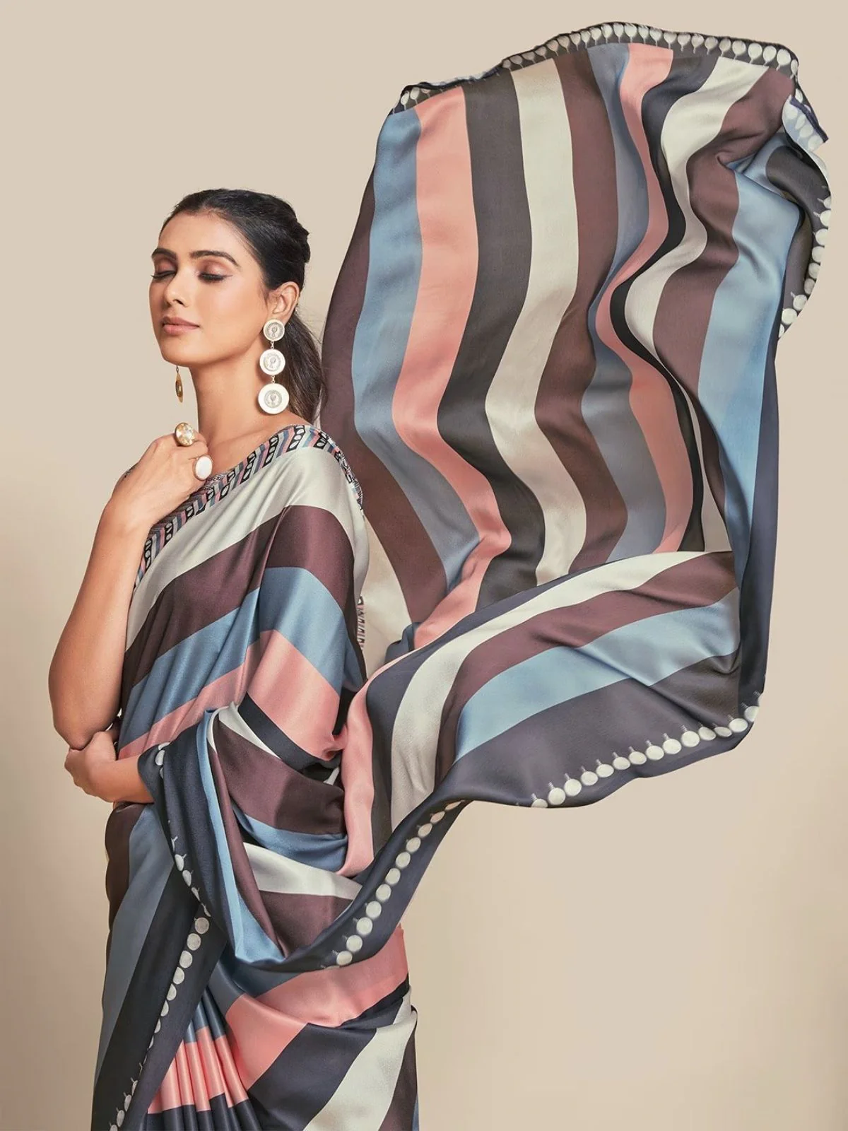 Odette Multicolor Satin Printed Saree With Unstitched Blouse For Women - Image 5