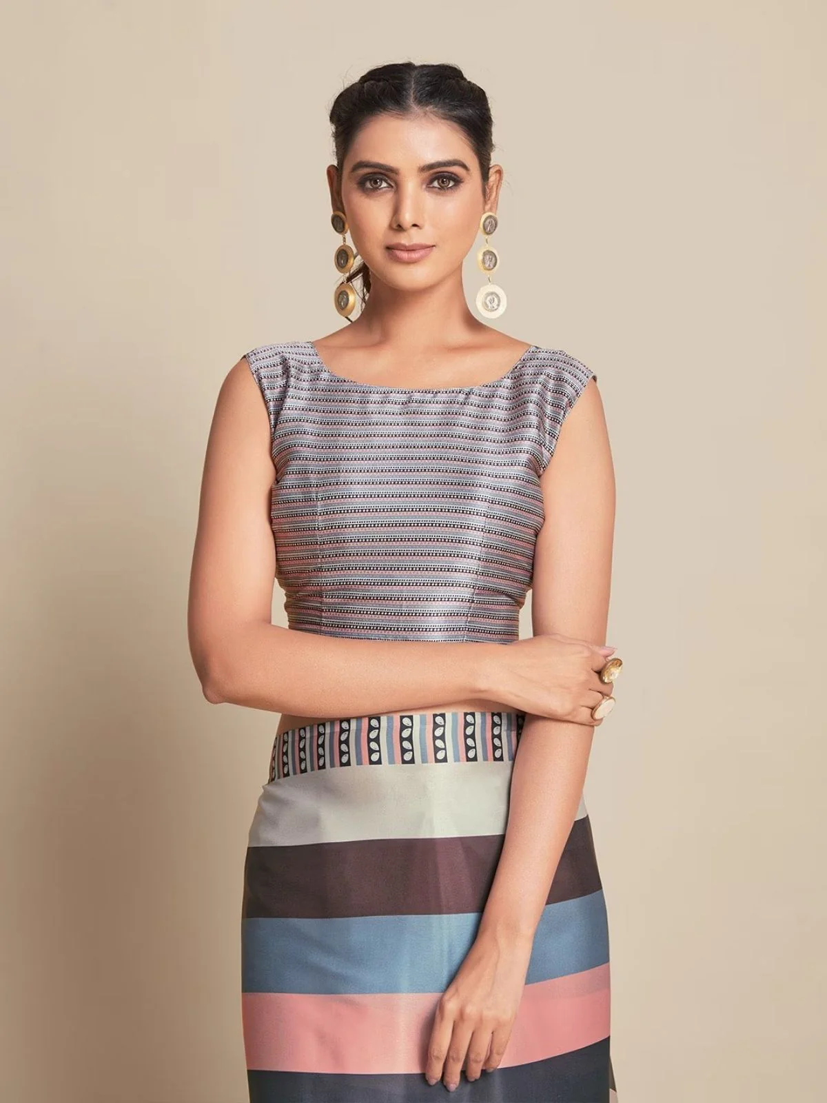 Odette Multicolor Satin Printed Saree With Unstitched Blouse For Women - Image 7