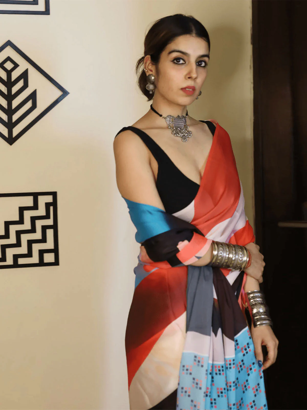 Odette Multicolor Satin Printed Saree With Unstitched Blouse For Women - Image 2