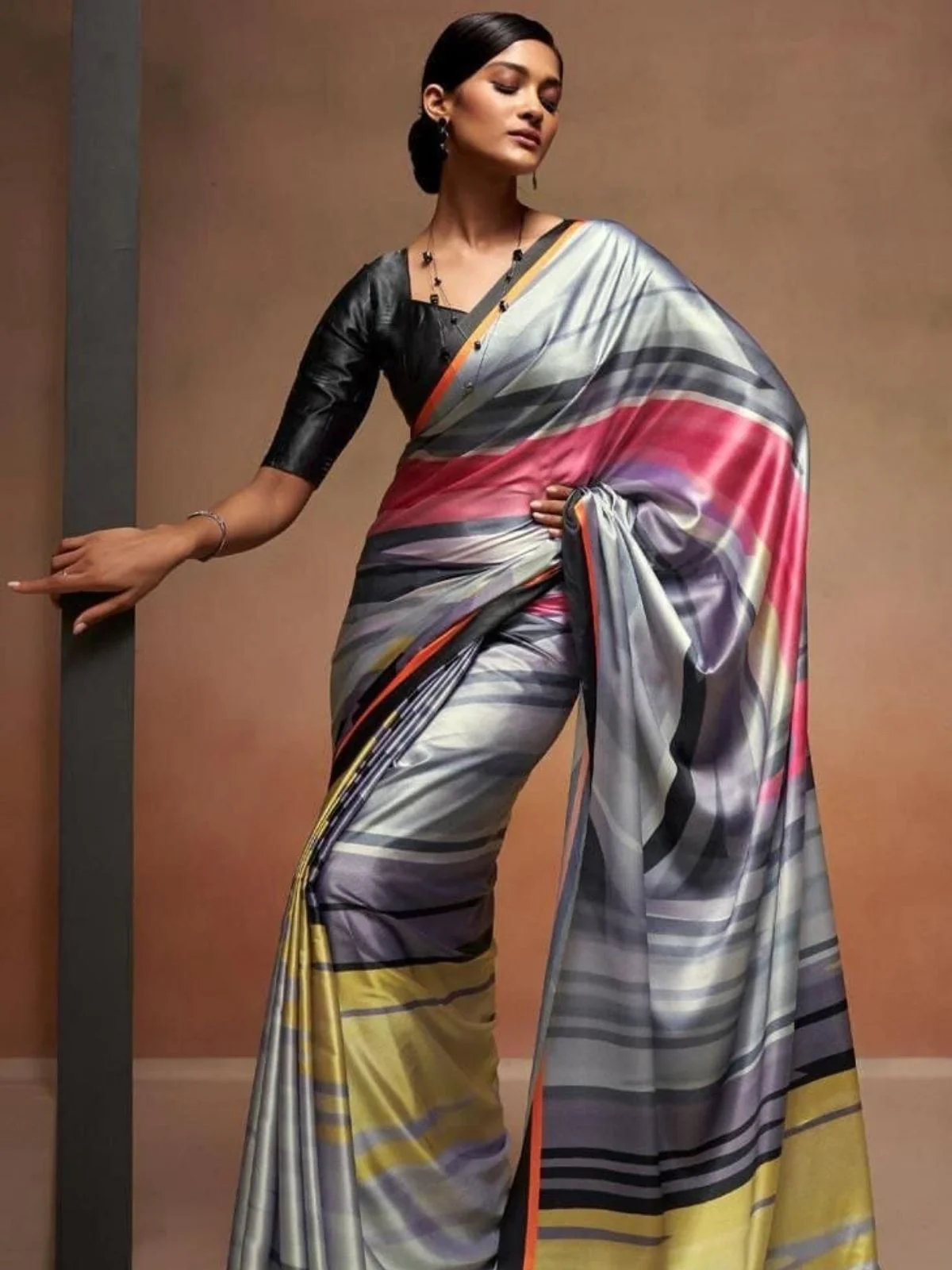 Odette Multicolor Satin Printed Saree With Unstitched Blouse For Women - Image 3