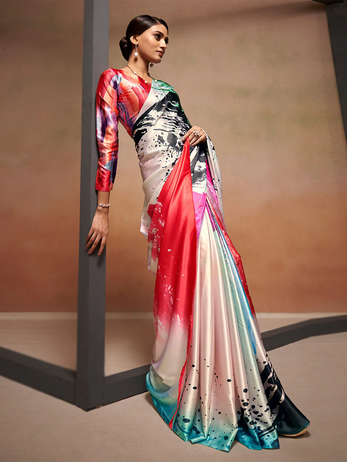 Odette Multicolor Satin Printed Saree With Unstitched Blouse For Women - Image 2