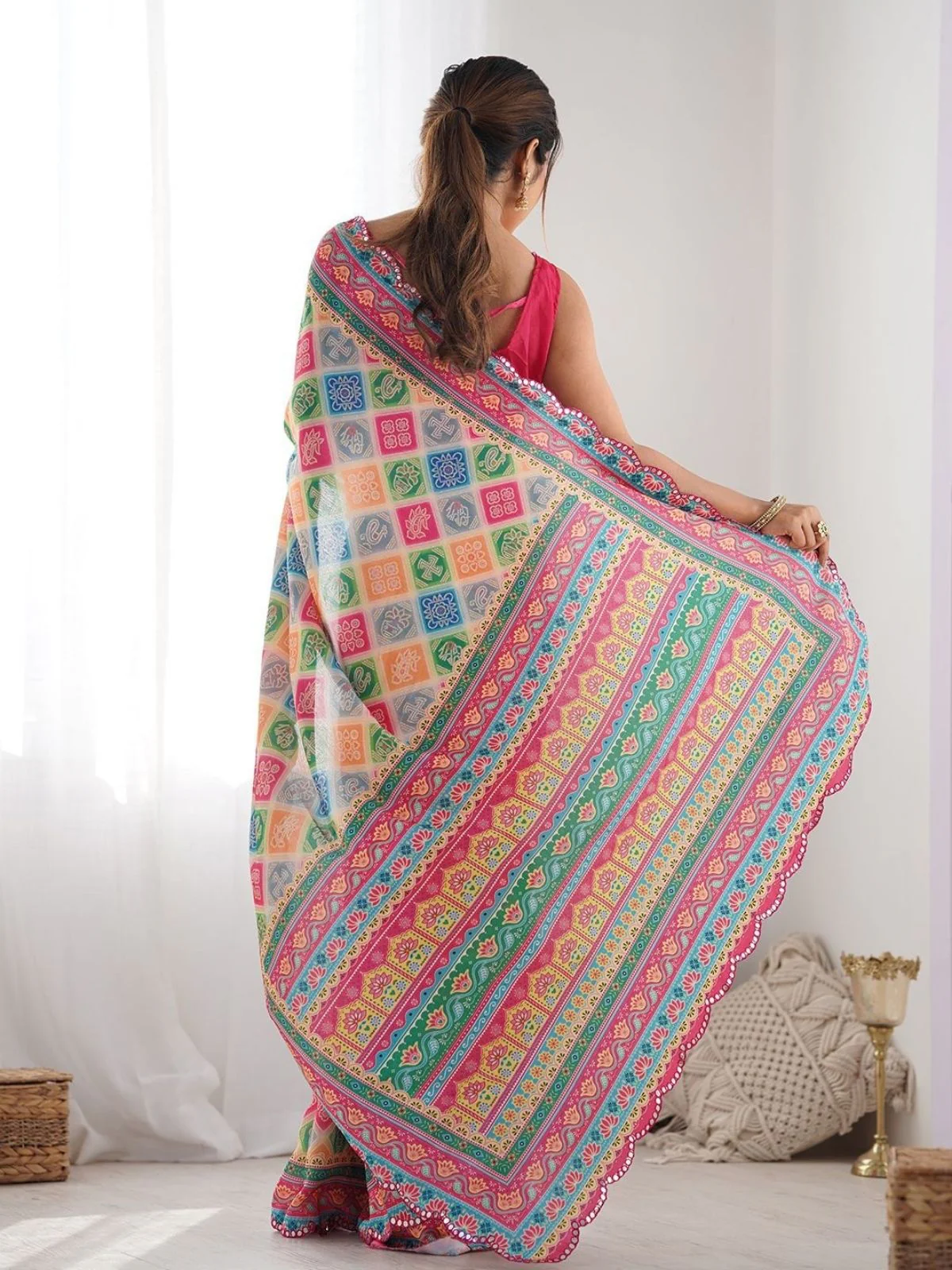Odette Multicolor Silk Blend Bandhini Print & Cutwork Saree For Women - Image 3