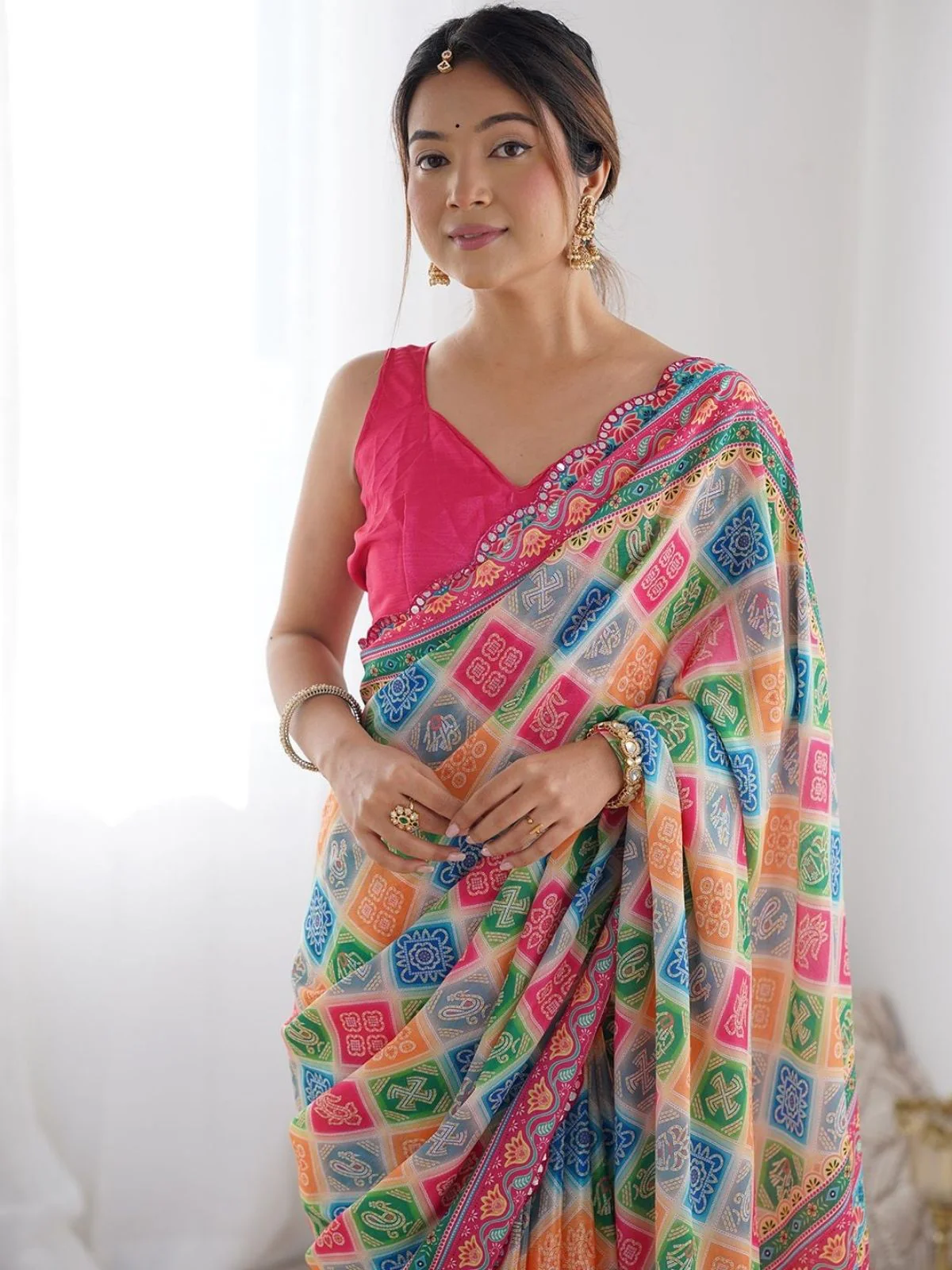 Odette Multicolor Silk Blend Bandhini Print & Cutwork Saree For Women - Image 4
