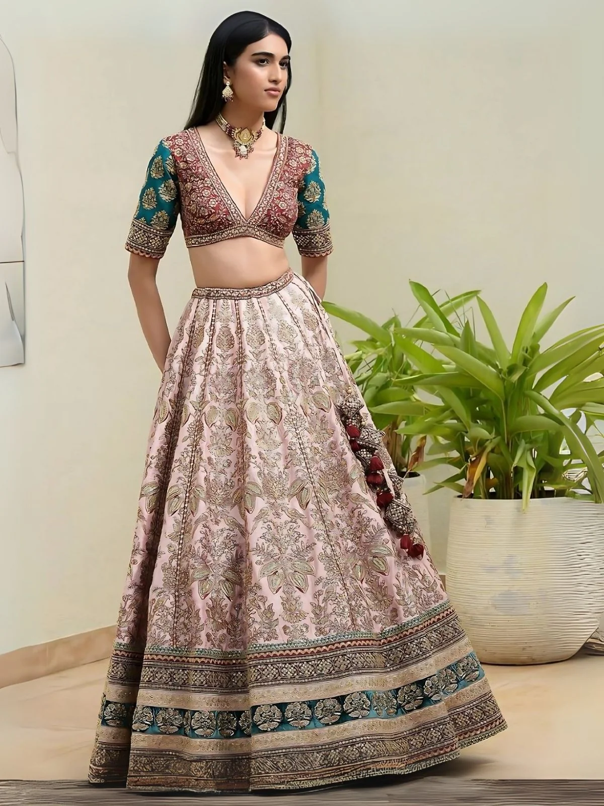 Odette Multicolor Silk Blend Embroidered Semi-Stitched Lehenga For Women - Image 3