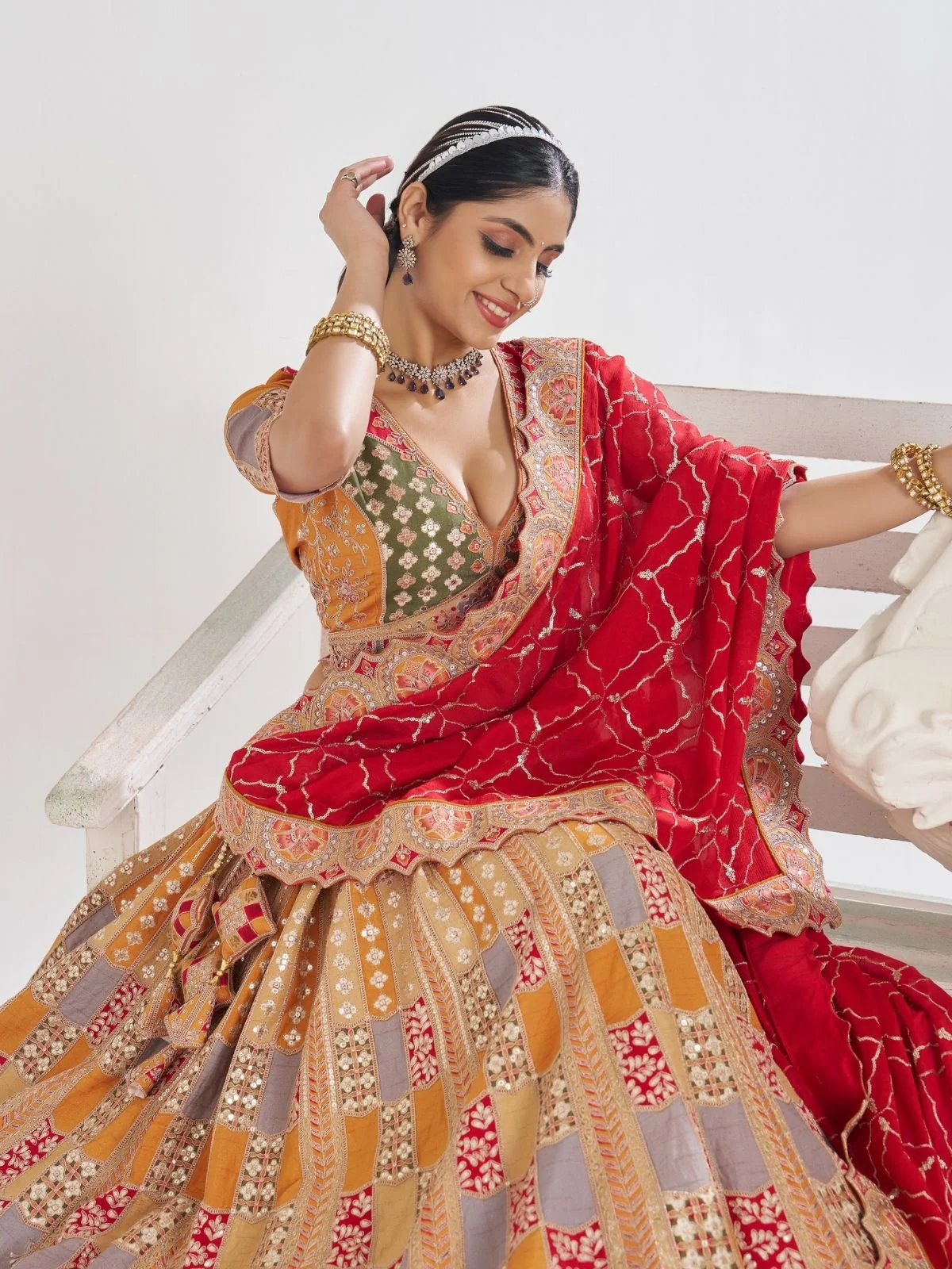 Odette Multicolor Silk Blend Embroidered Semi-Stitched Lehenga For Women - Image 4