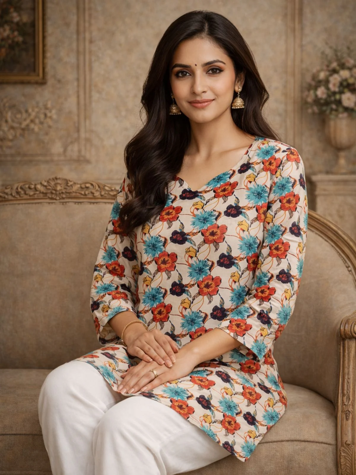 Odette Multicolor Silk Blend Floral Print Solid Kurti For Women - Image 2