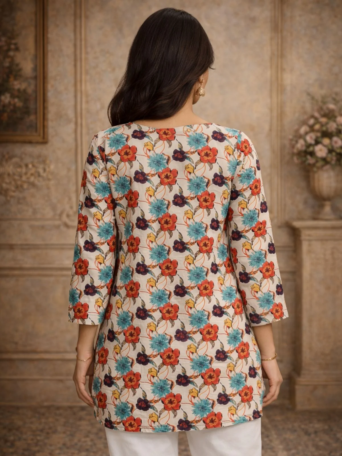 Odette Multicolor Silk Blend Floral Print Solid Kurti For Women - Image 3