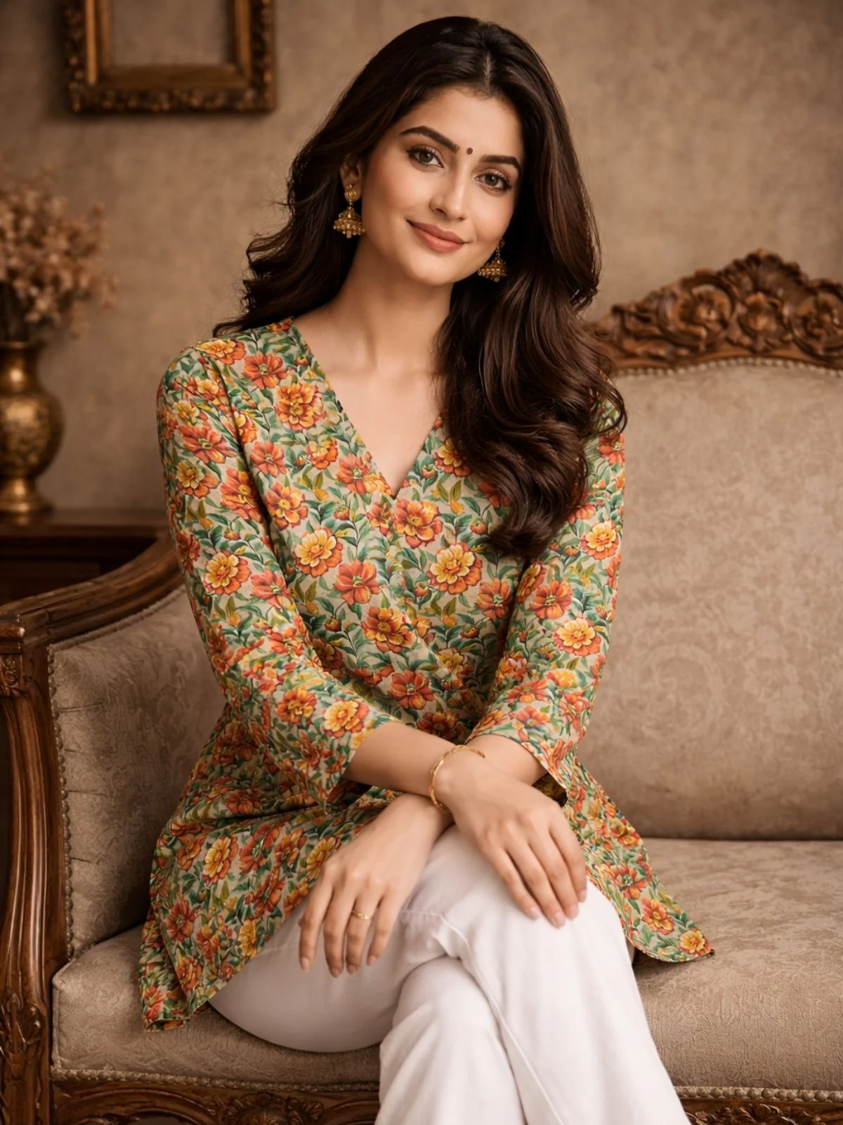 Odette Multicolor Silk Blend Floral Print Solid Kurti For Women - Image 2