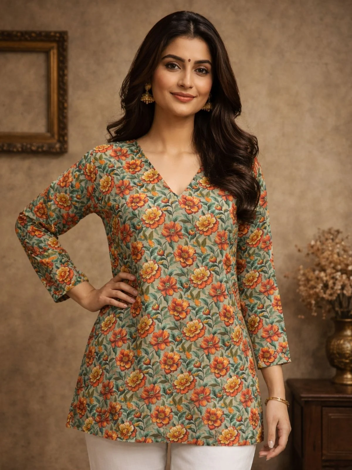 Odette Multicolor Silk Blend Floral Print Solid Kurti For Women - Image 4