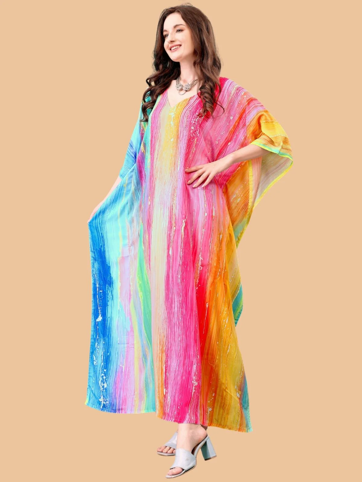 Odette Multicolor Silk Blend Printed Kaftan For Women - Image 2