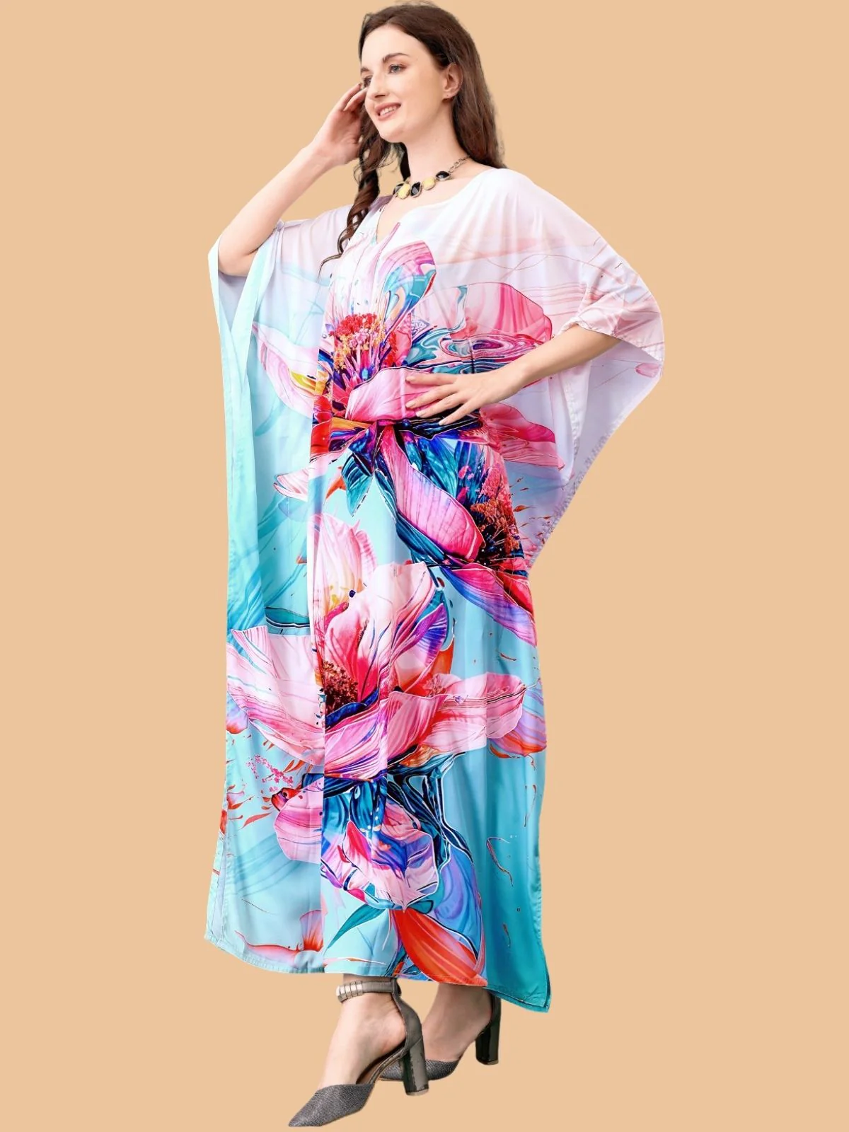 Odette Multicolor Silk Blend Printed Kaftan For Women - Image 2