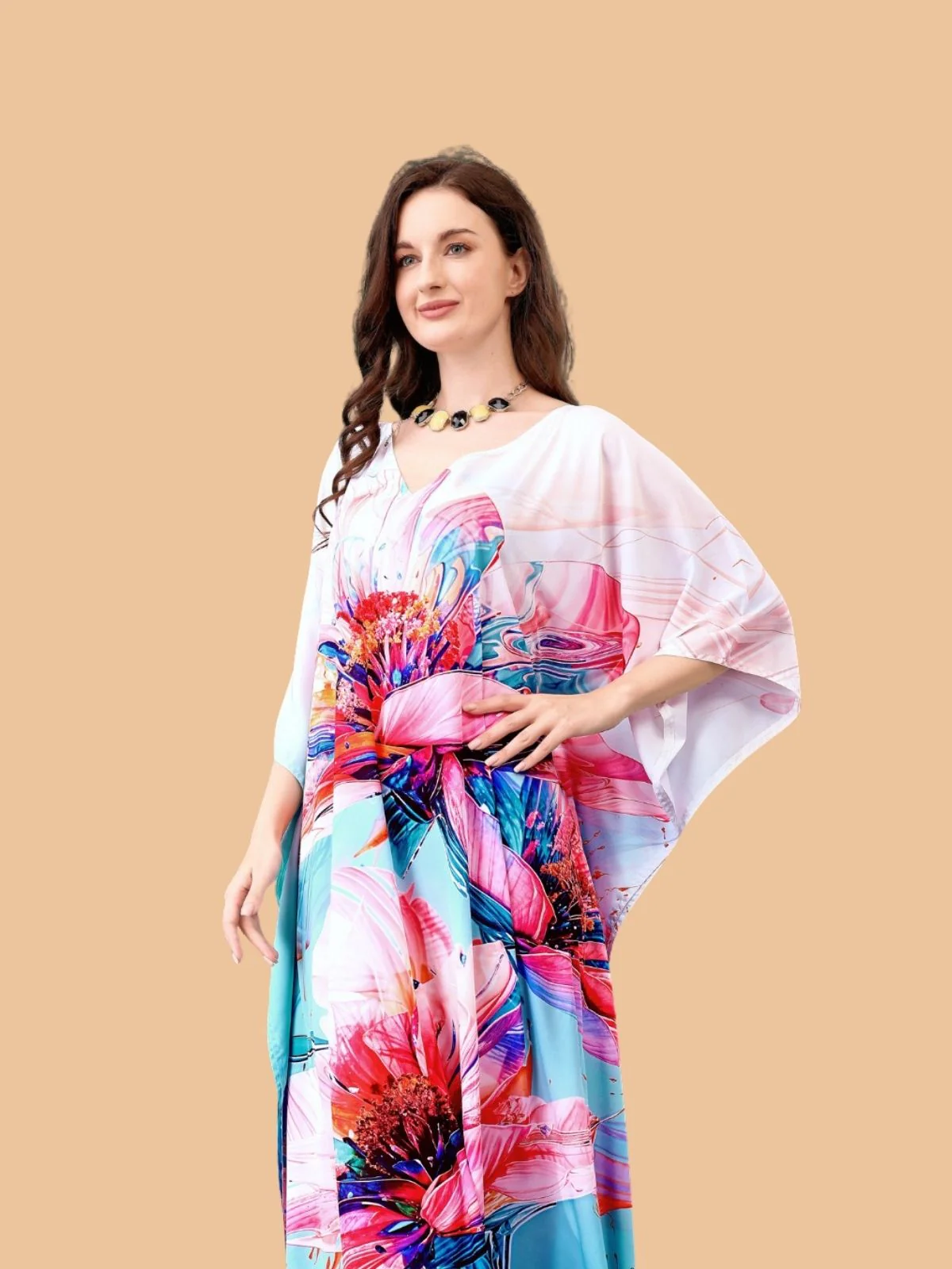 Odette Multicolor Silk Blend Printed Kaftan For Women - Image 4
