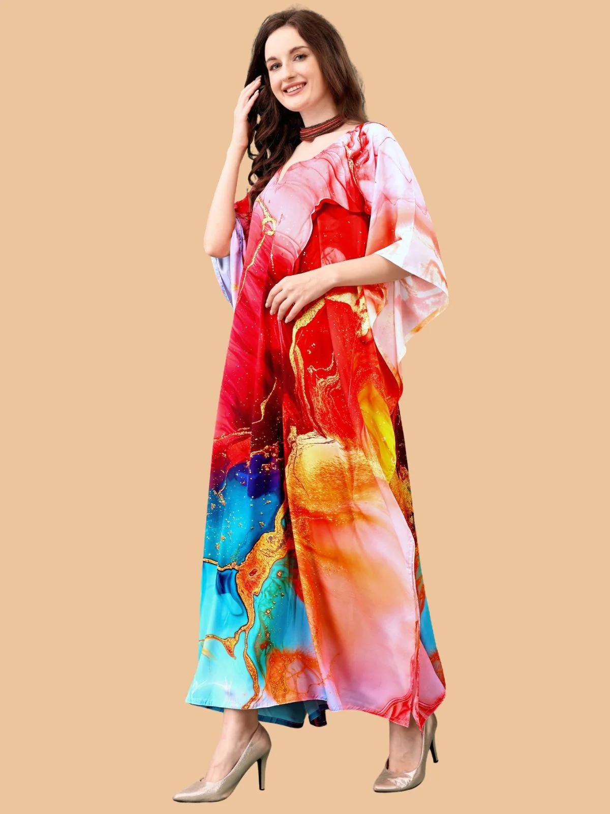 Odette Multicolor Silk Blend Printed Kaftan For Women - Image 2