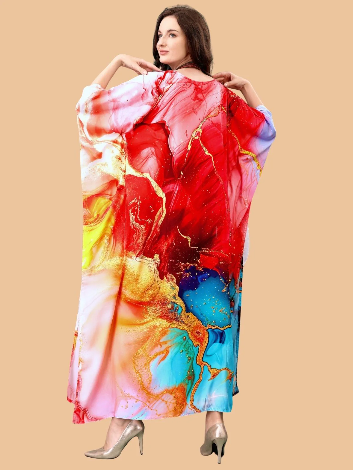 Odette Multicolor Silk Blend Printed Kaftan For Women - Image 3