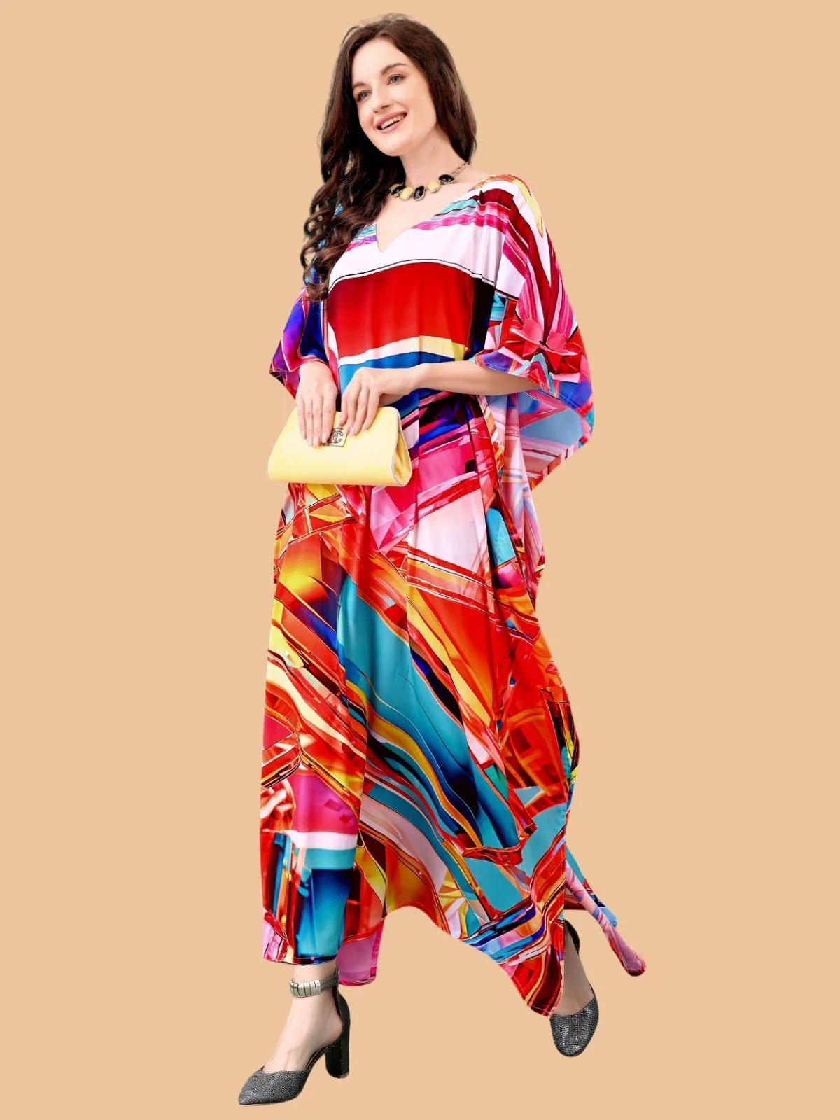 Odette Multicolor Silk Blend Printed Kaftan For Women - Image 2