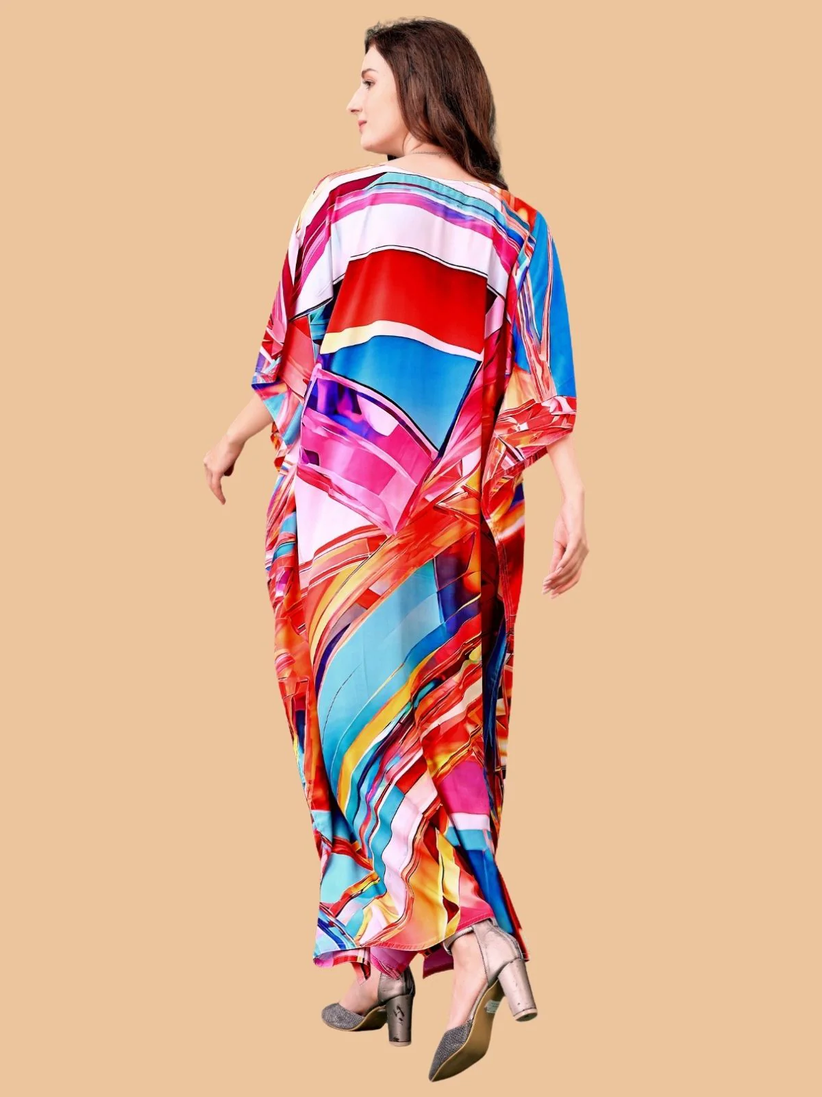 Odette Multicolor Silk Blend Printed Kaftan For Women - Image 3