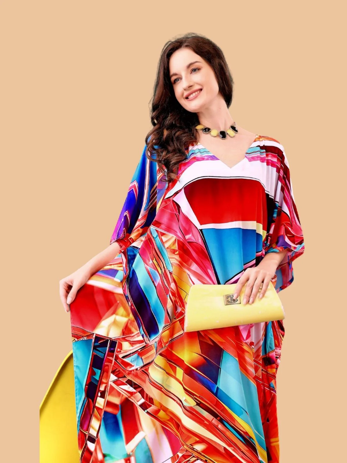 Odette Multicolor Silk Blend Printed Kaftan For Women - Image 4