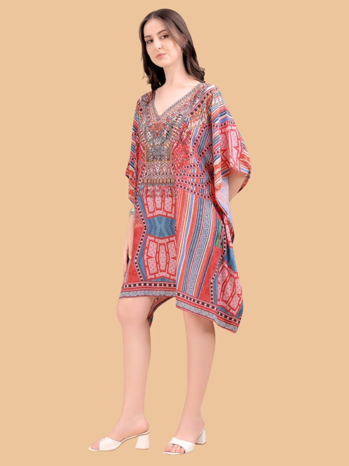 Odette Multicolor Silk Blend Printed Kaftan For Women - Image 2