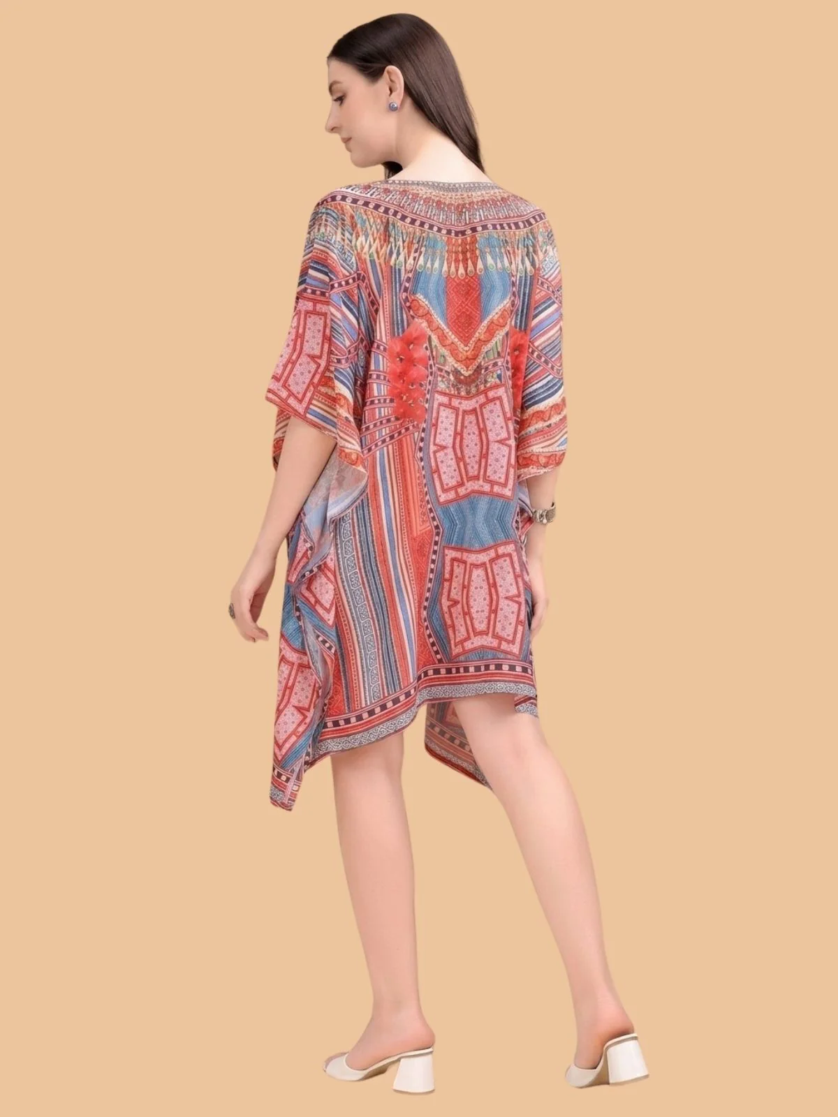Odette Multicolor Silk Blend Printed Kaftan For Women - Image 3