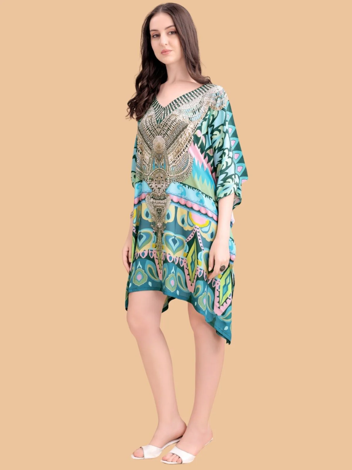 Odette Multicolor Silk Blend Printed Kaftan For Women - Image 2