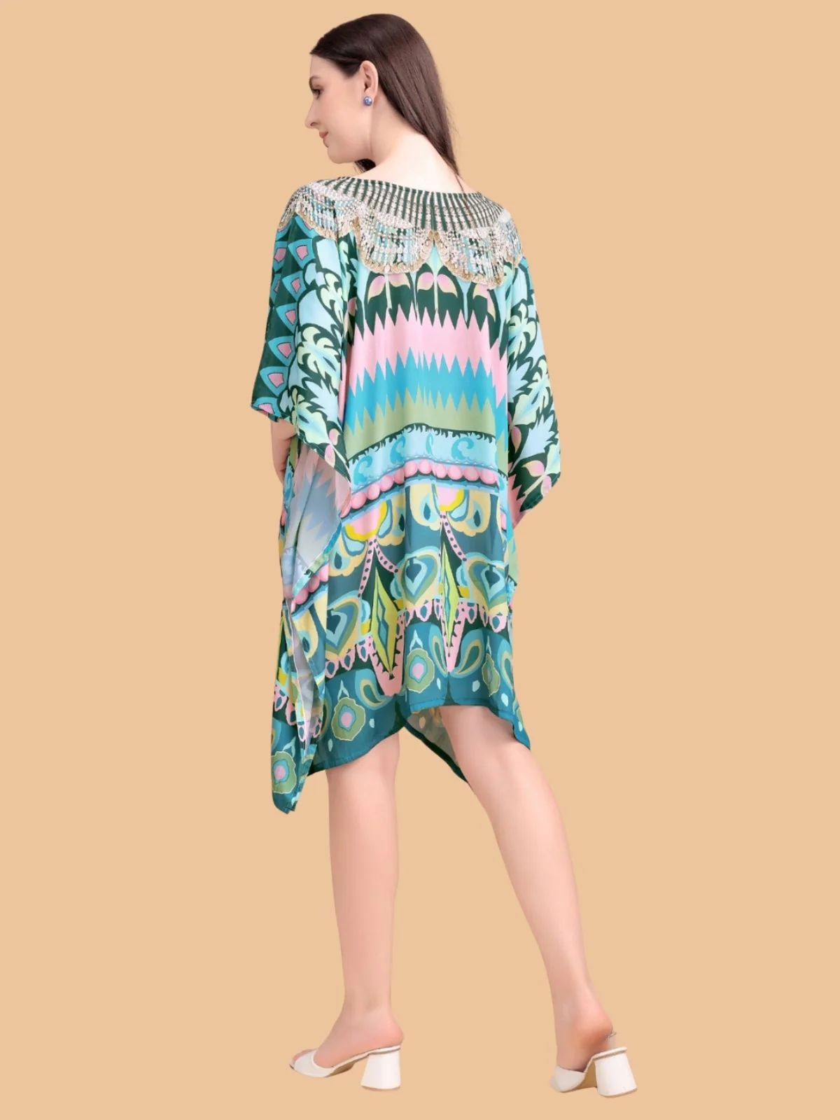 Odette Multicolor Silk Blend Printed Kaftan For Women - Image 3