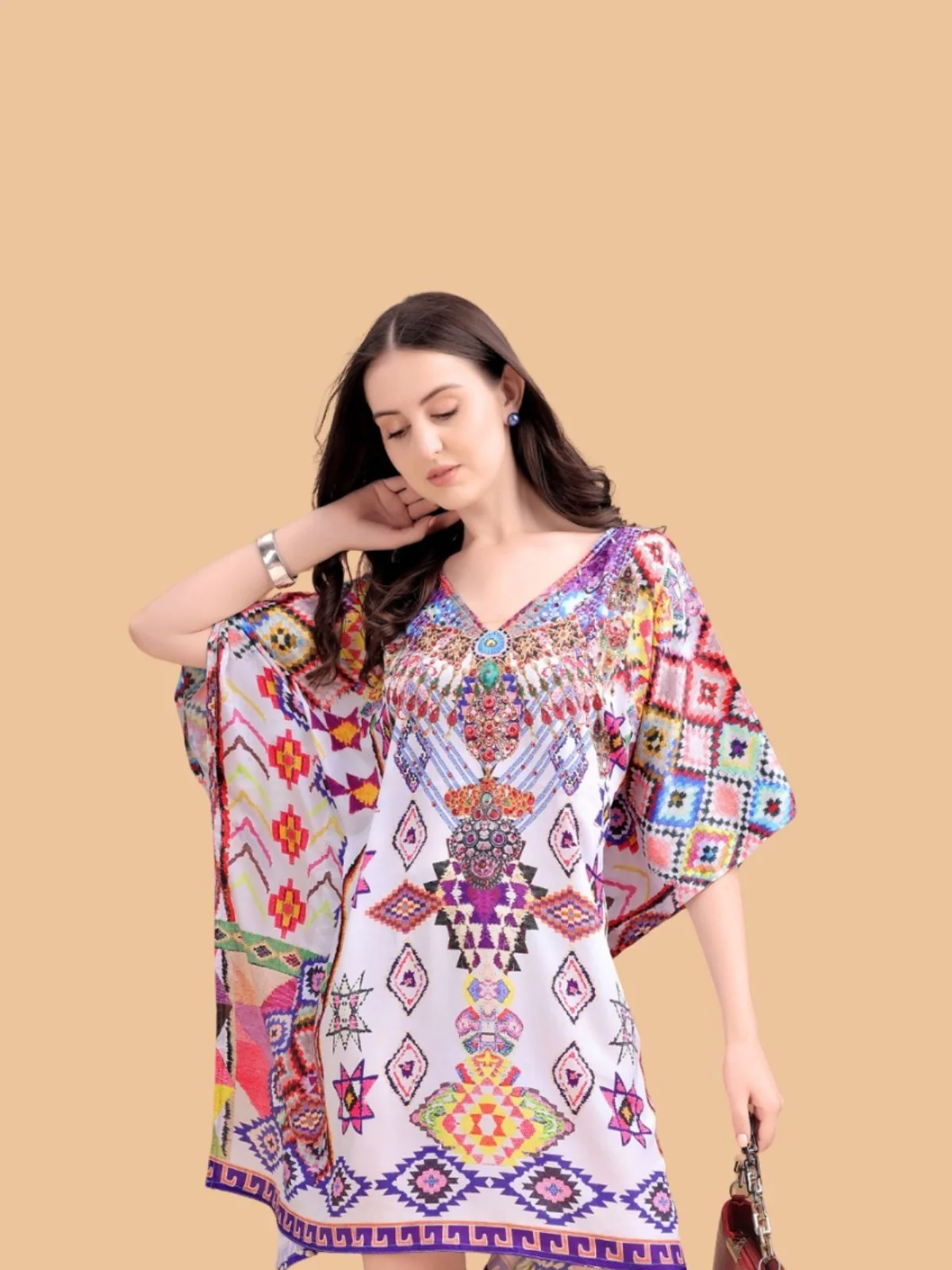 Odette Multicolor Silk Blend Printed Kaftan For Women - Image 4