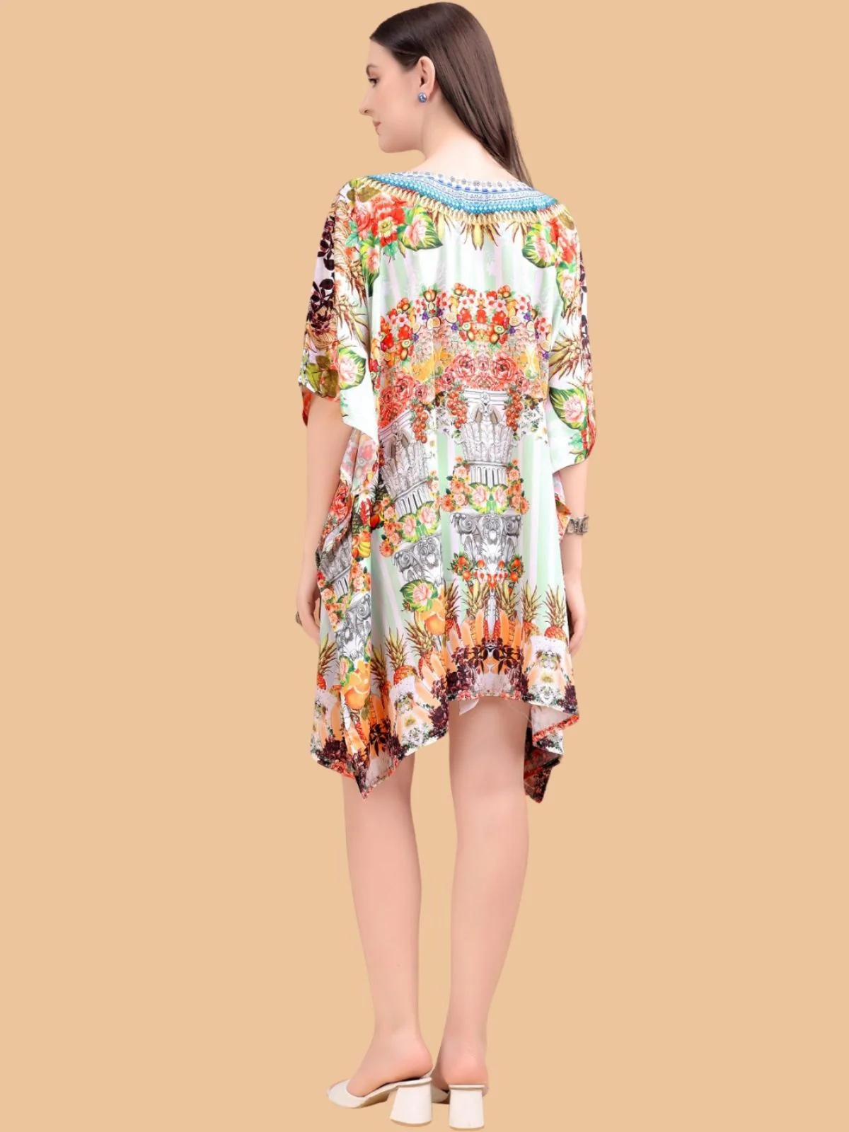 Odette Multicolor Silk Blend Printed Kaftan For Women - Image 3