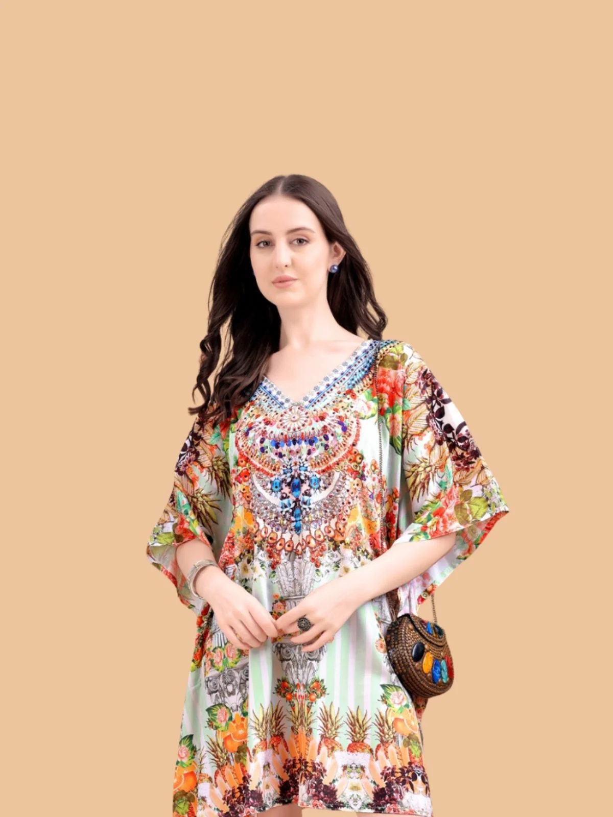 Odette Multicolor Silk Blend Printed Kaftan For Women - Image 4