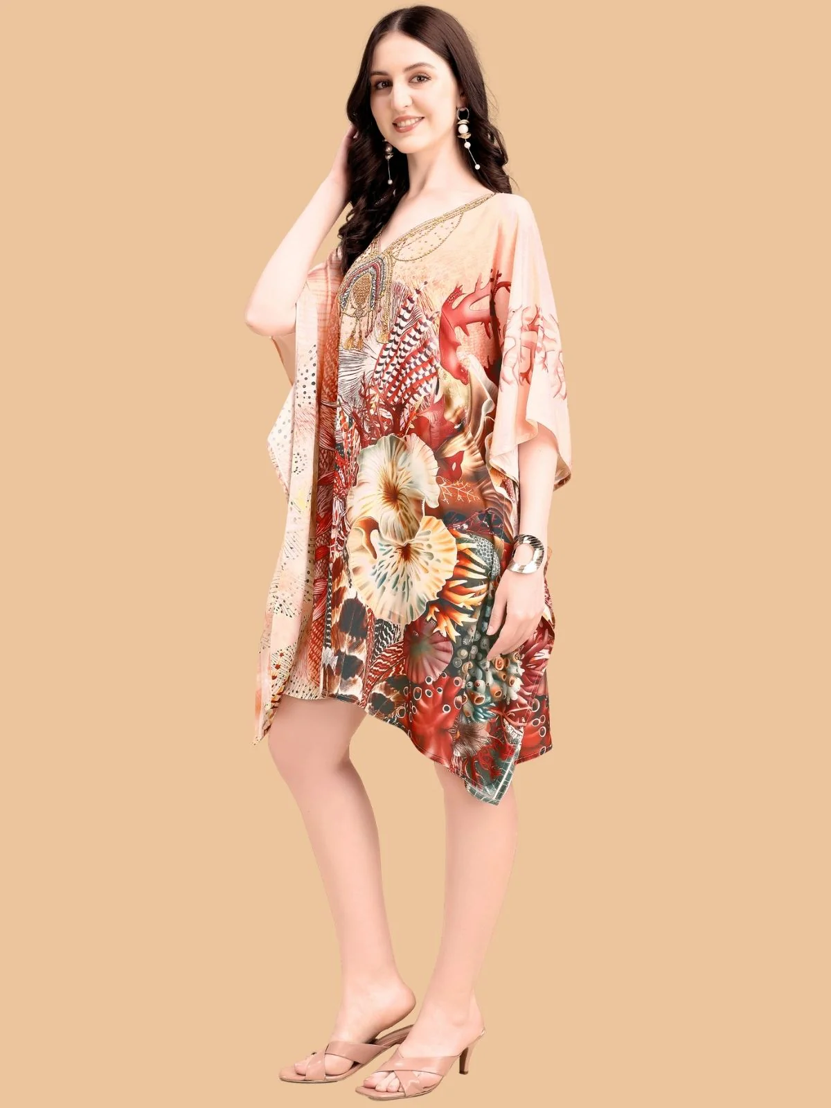 Odette Multicolor Silk Blend Printed Kaftan For Women - Image 2
