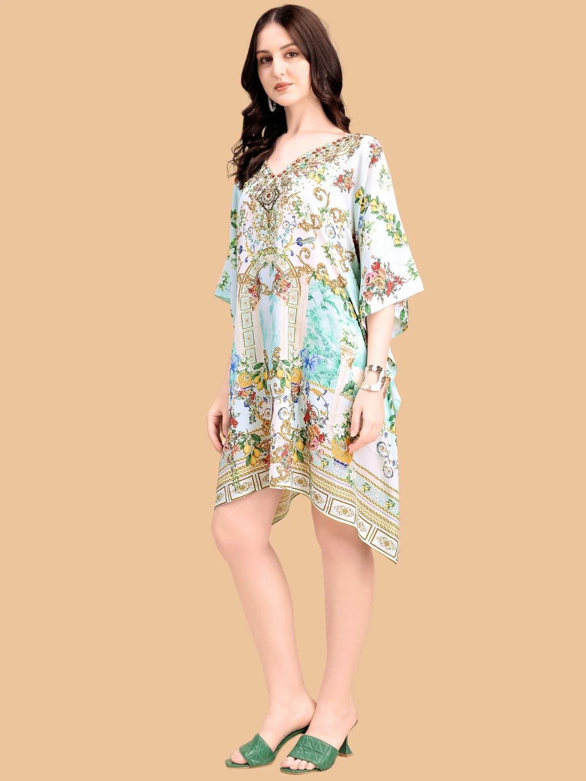 Odette Multicolor Silk Blend Printed Kaftan For Women - Image 2