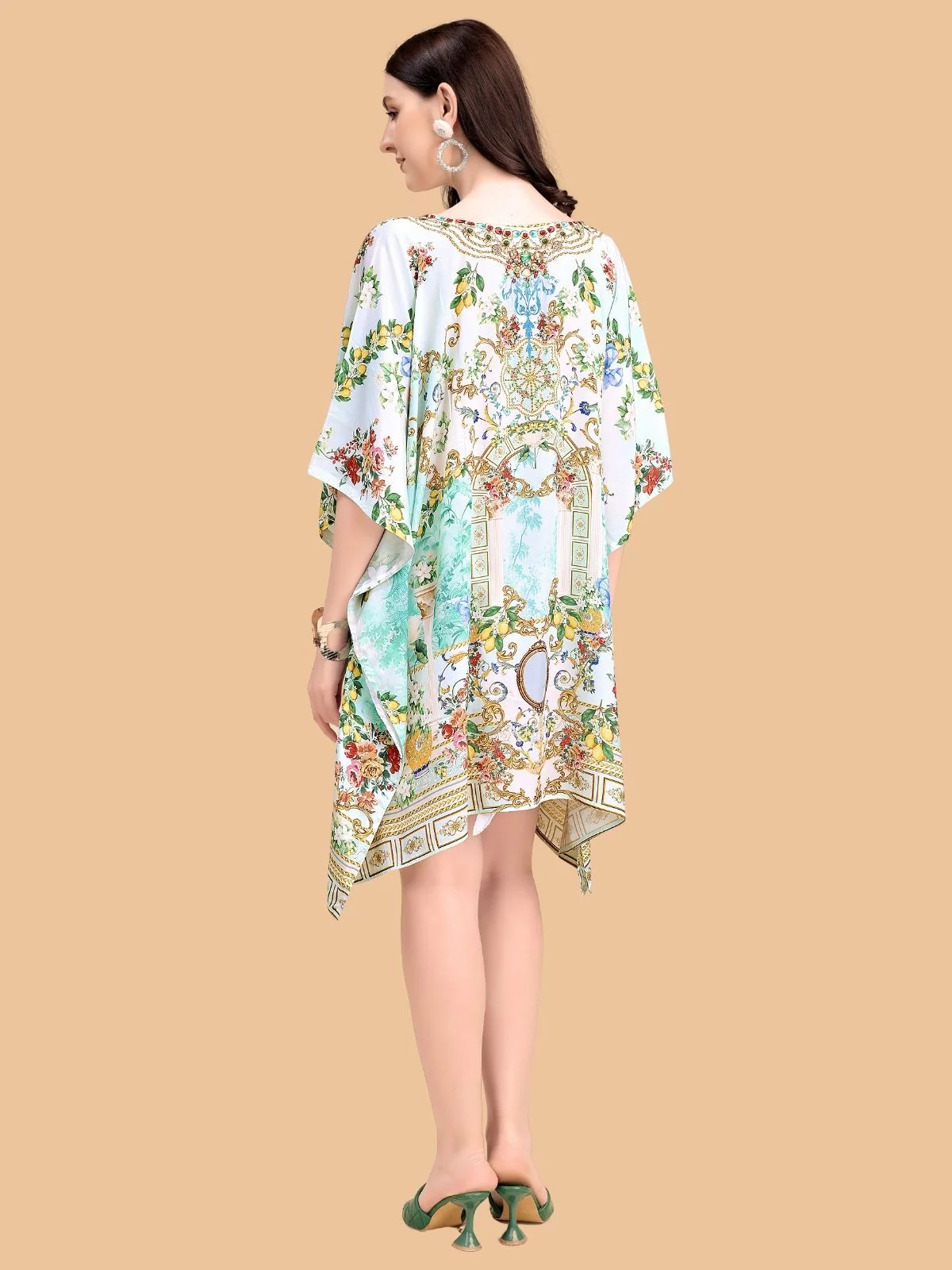 Odette Multicolor Silk Blend Printed Kaftan For Women - Image 3