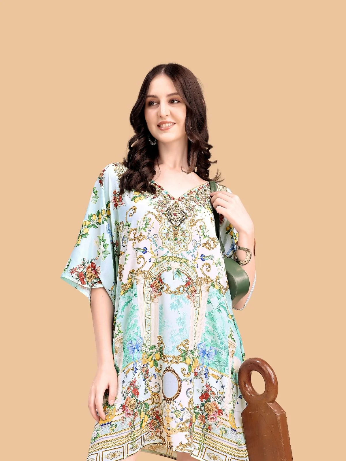 Odette Multicolor Silk Blend Printed Kaftan For Women - Image 4