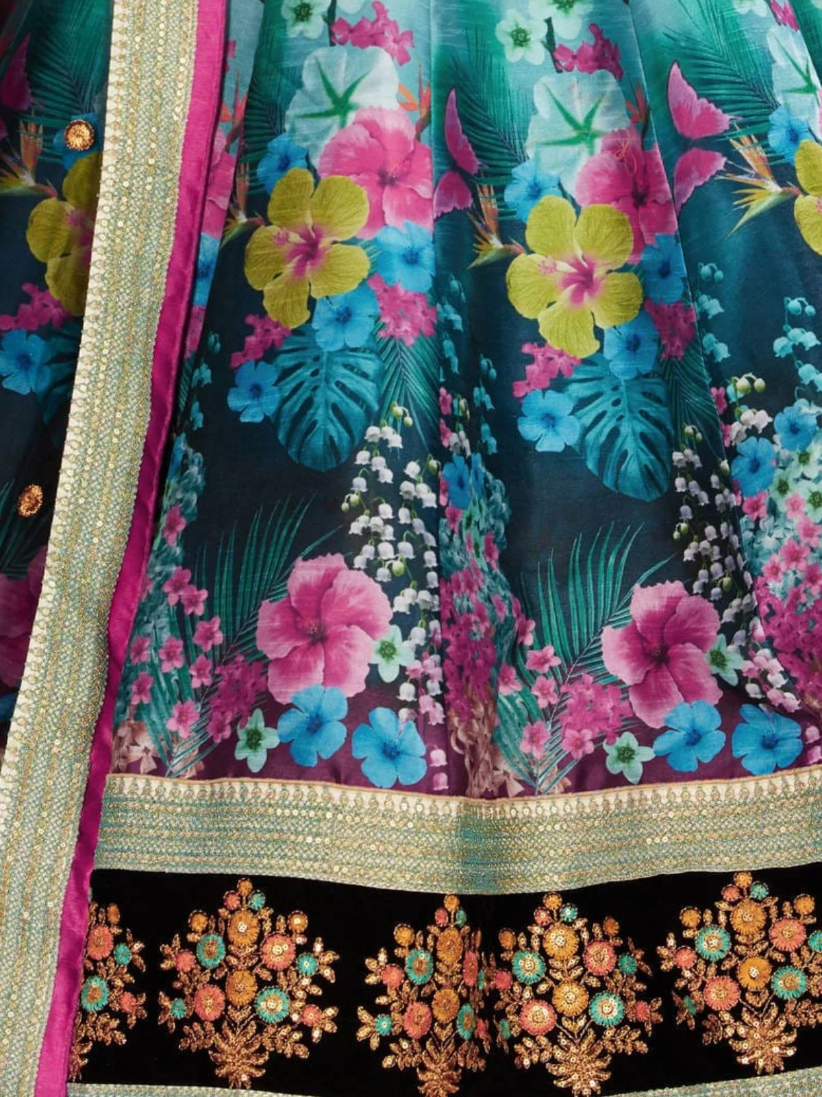 Odette Multicolor Silk Blend Printed Semi Stitched Lehenga With Blouse For Women - Image 4