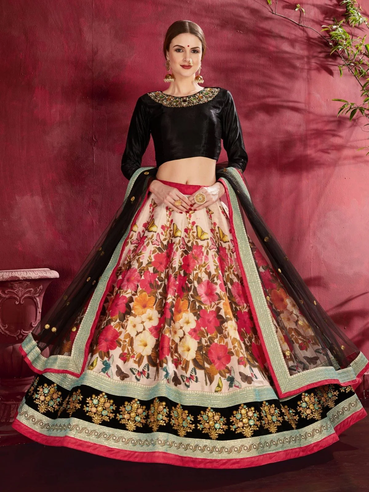 Odette Multicolor Silk Blend Printed Semi Stitched Lehenga With Blouse For Women - Image 2