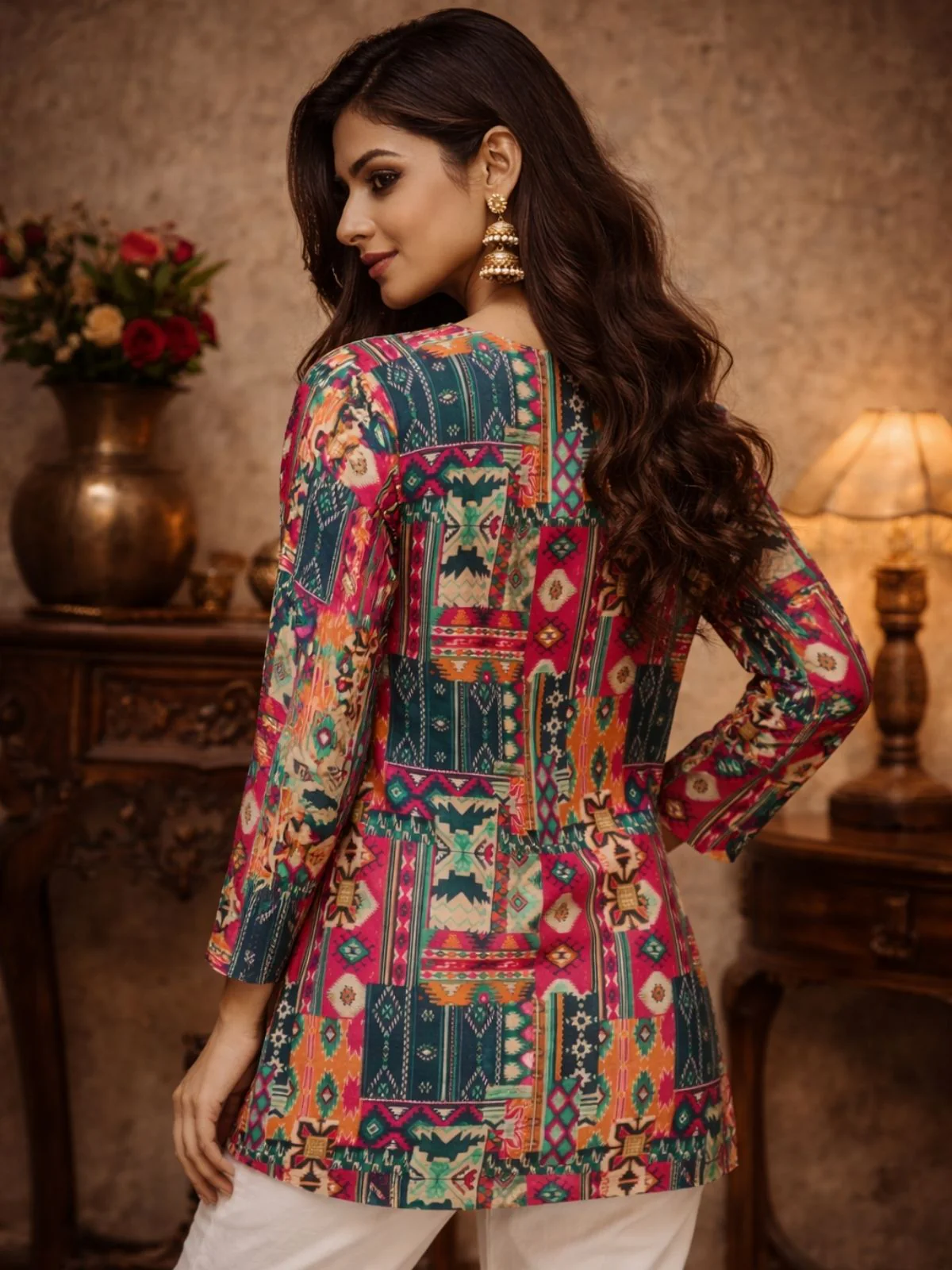 Odette Multicolor Silk Blend Printed Solid Kurti For Women - Image 3