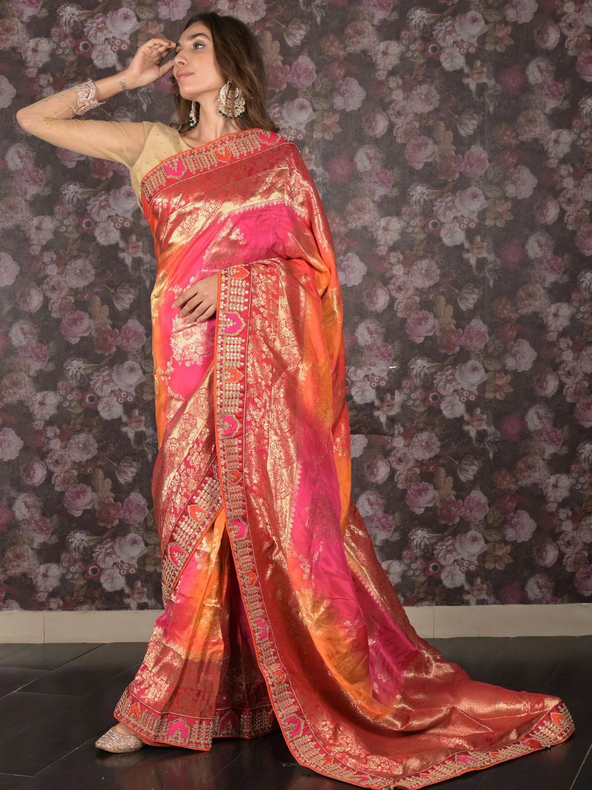 Odette Multicolor Silk Blend Woven Embroidered Saree with Unstitched Blouse for Women - Image 2