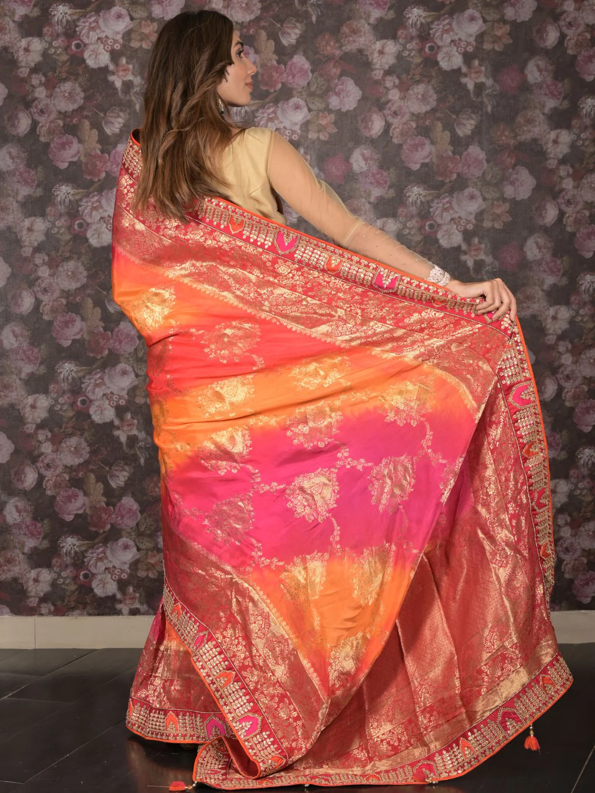 Odette Multicolor Silk Blend Woven Embroidered Saree with Unstitched Blouse for Women - Image 4