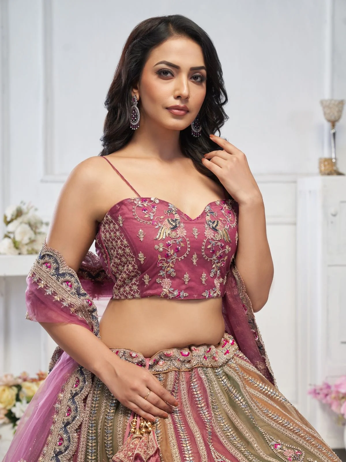 Odette Multicolor Soft Net Embellished Semi-Stitched Lehenga With Unstitched Blouse For Women - Image 3
