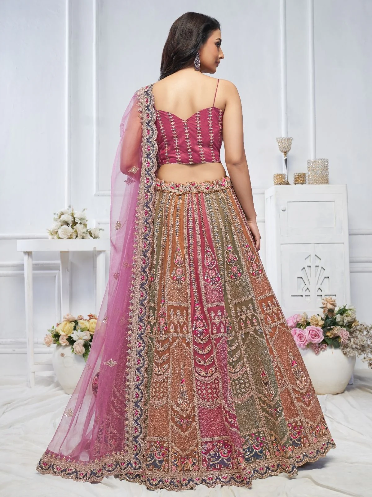 Odette Multicolor Soft Net Embellished Semi-Stitched Lehenga With Unstitched Blouse For Women - Image 4