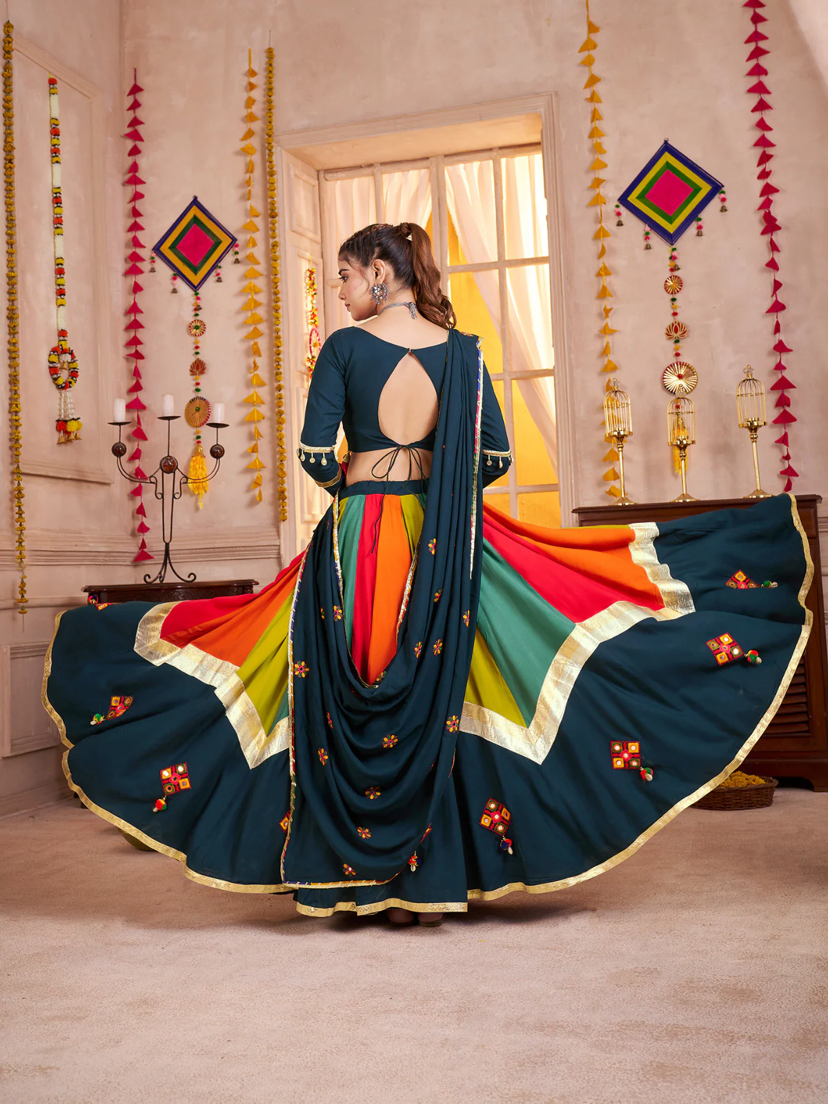 Odette Multicolor Viscose Cotton Embroidered Semi-Stitched Lehenga Choli For Women - Image 4