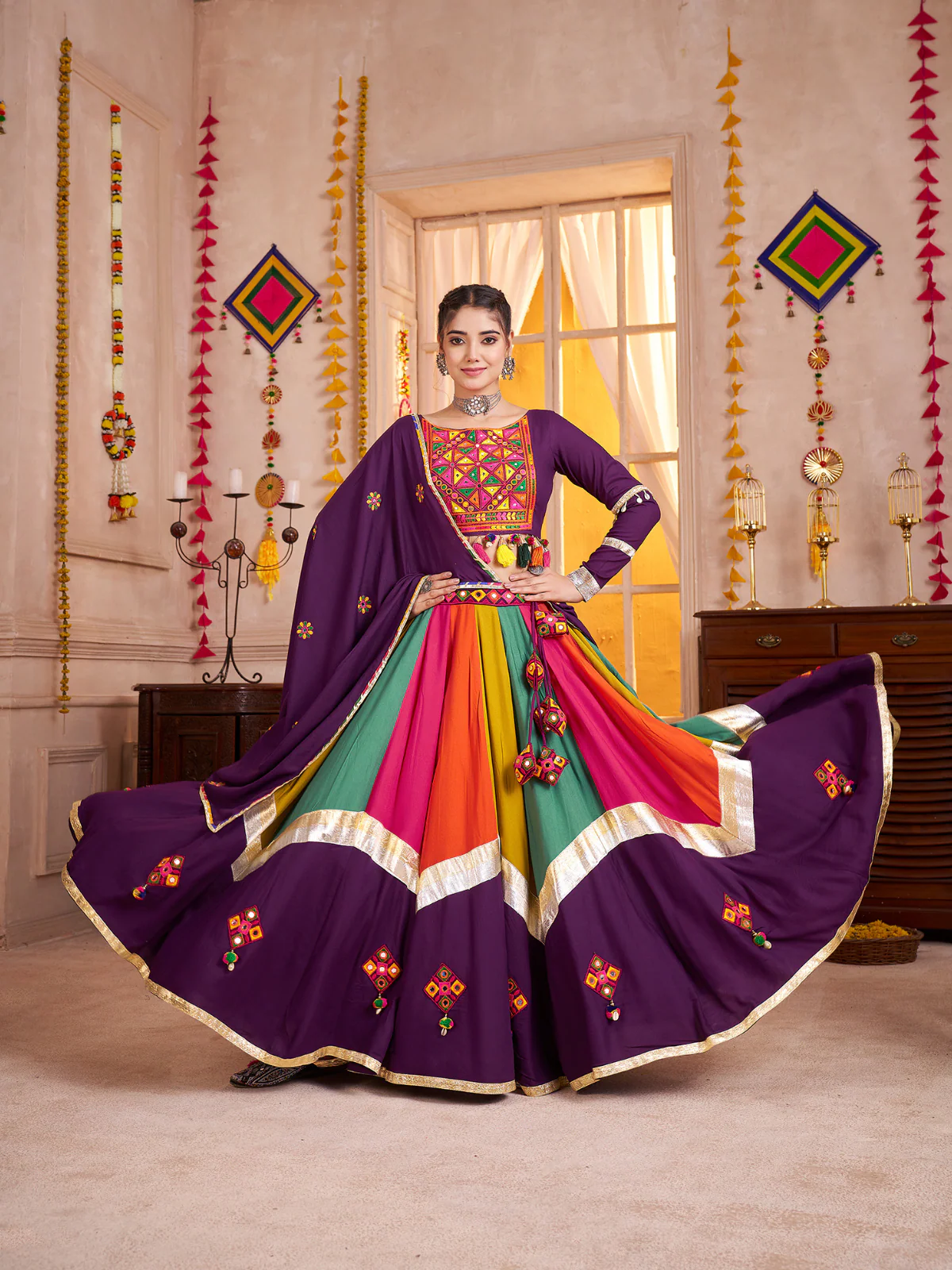Odette Multicolor Viscose Cotton Embroidered Semi-Stitched Lehenga Choli For Women - Image 2