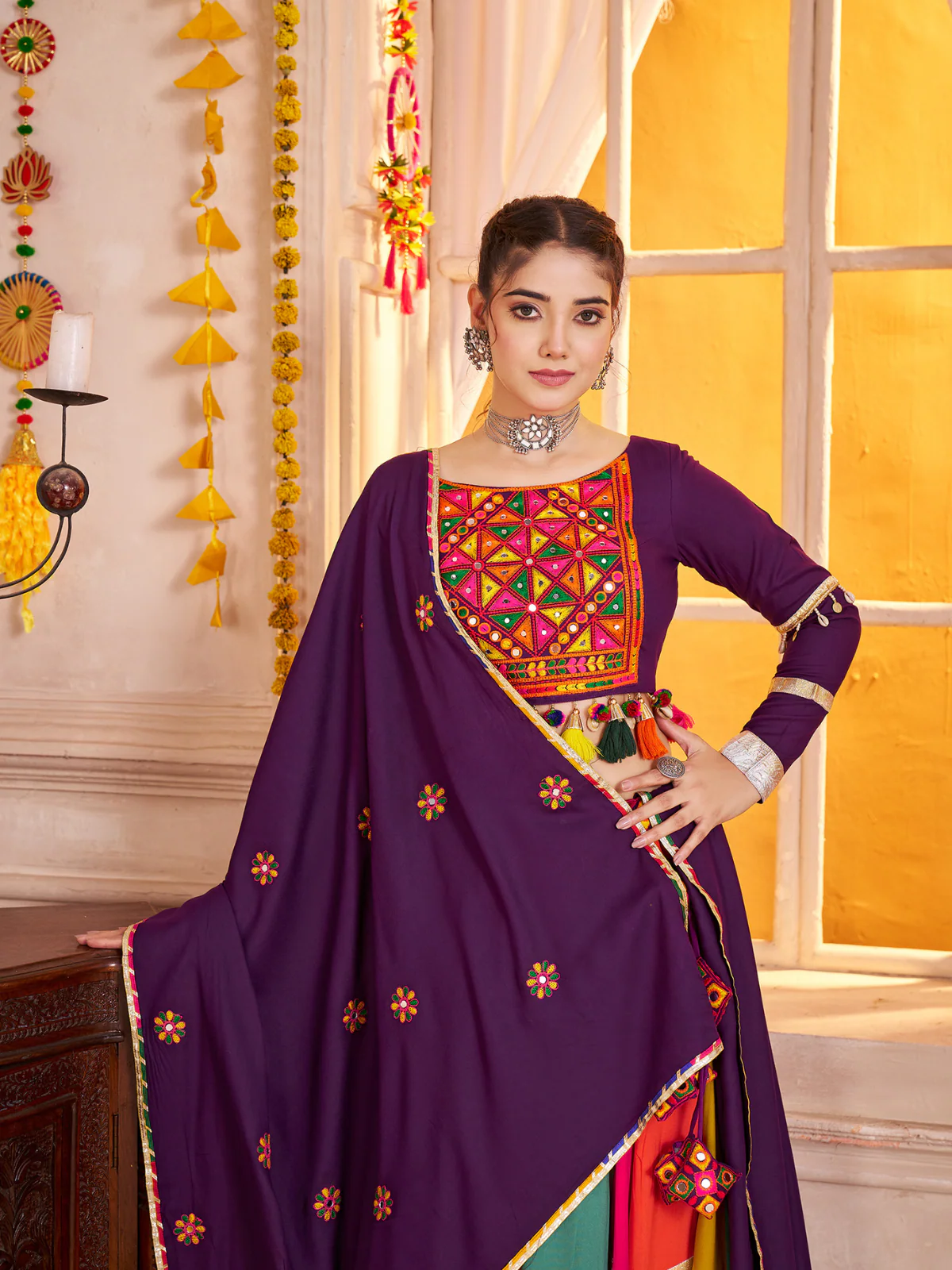 Odette Multicolor Viscose Cotton Embroidered Semi-Stitched Lehenga Choli For Women - Image 3