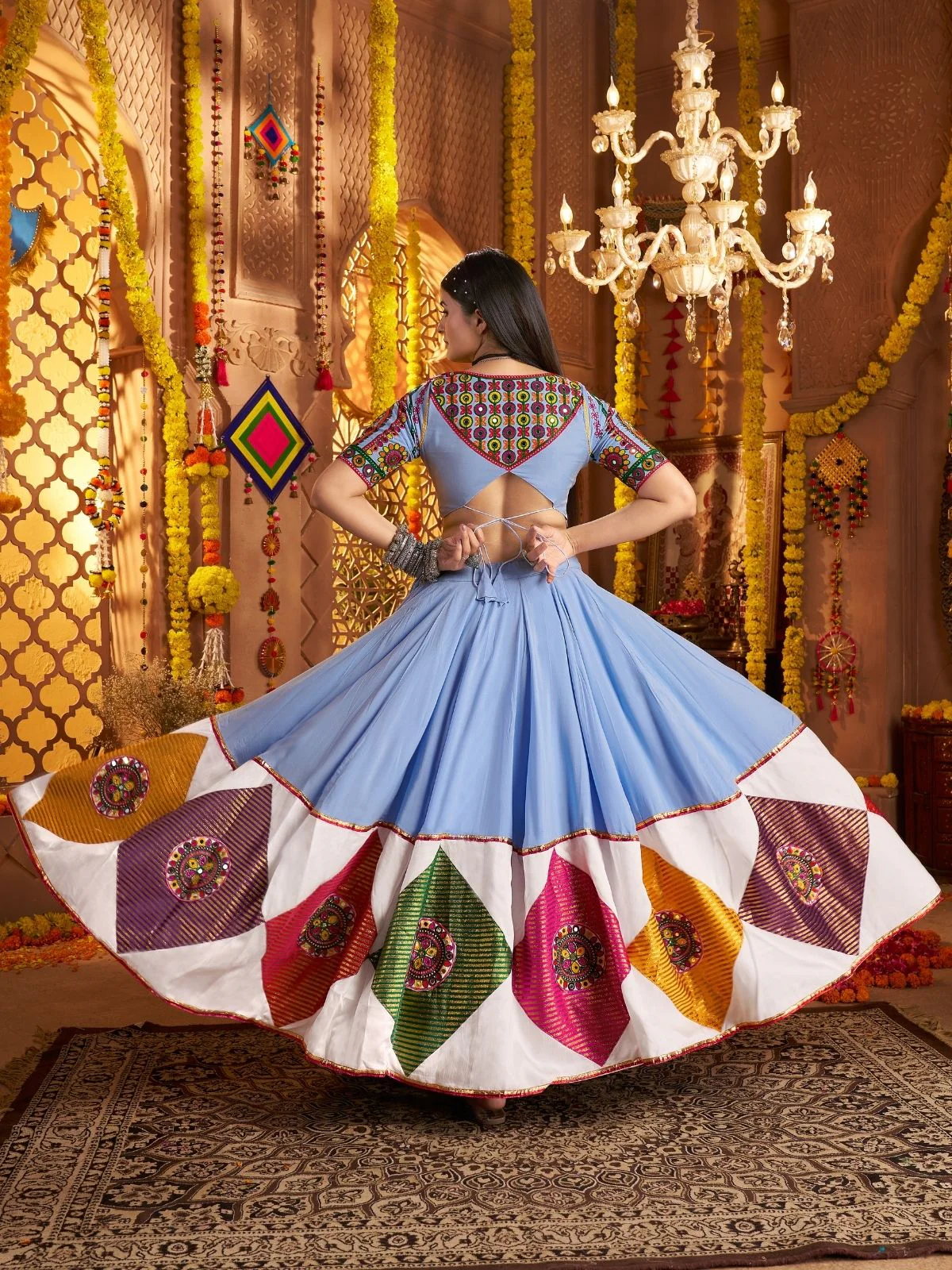 Odette Multicolor Viscose Cotton Embroidered Semi-Stitched lehenga With Patch Work And Stunning Tassels For Women - Image 5