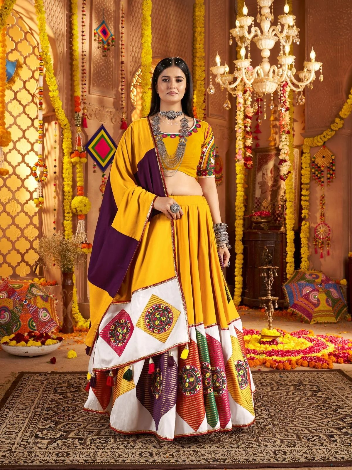 Odette Multicolor Viscose Cotton Embroidered Semi-Stitched lehenga With Patch Work And Stunning Tassels For Women - Image 4