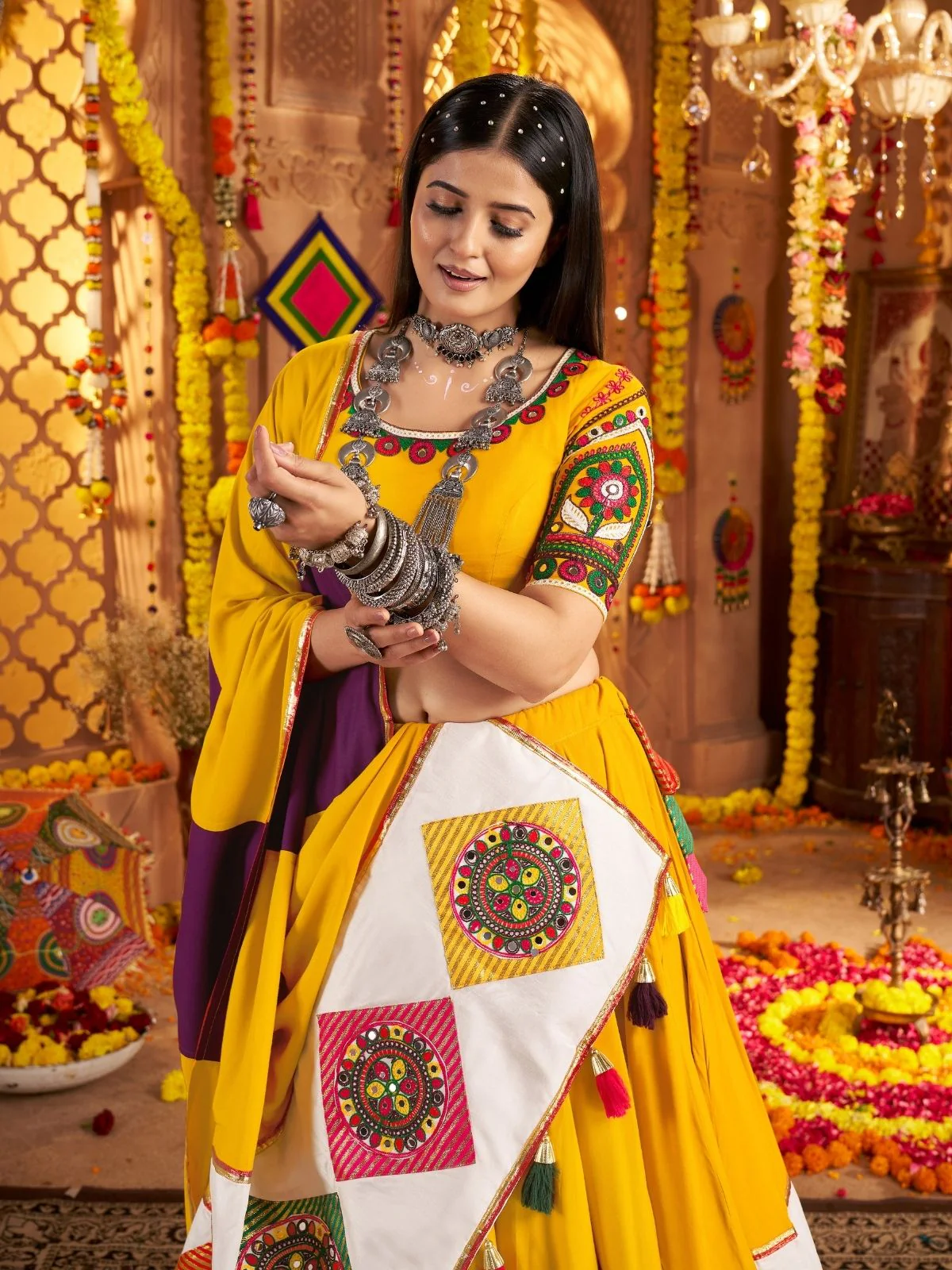 Odette Multicolor Viscose Cotton Embroidered Semi-Stitched lehenga With Patch Work And Stunning Tassels For Women - Image 5