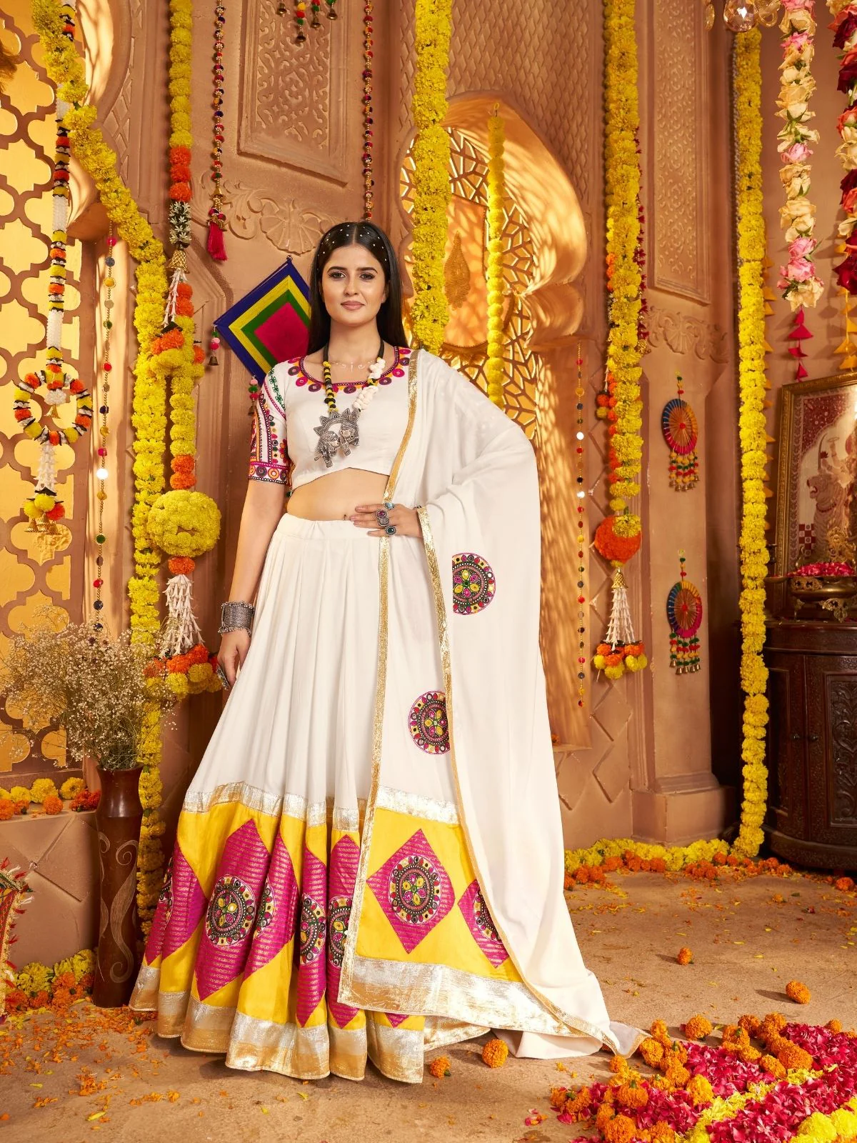 Odette Multicolor Viscose Cotton Embroidered Semi-Stitched lehenga With Patch Work And Stunning Tassels For Women - Image 3