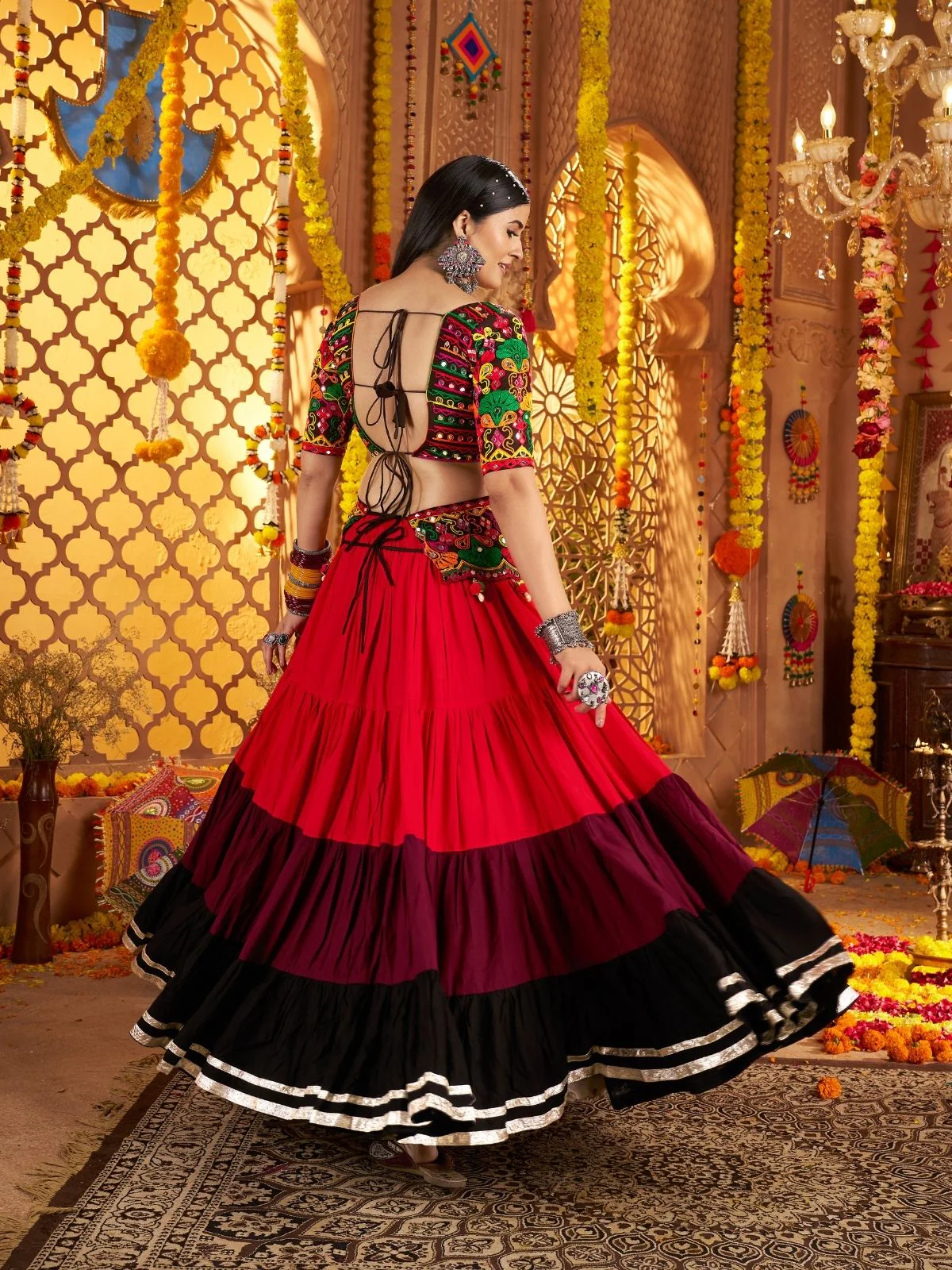 Odette Multicolor Viscose Cotton Embroidered Semi-Stitched lehenga With Stunning Tassels And Embroidered Waist Belt For Women - Image 2
